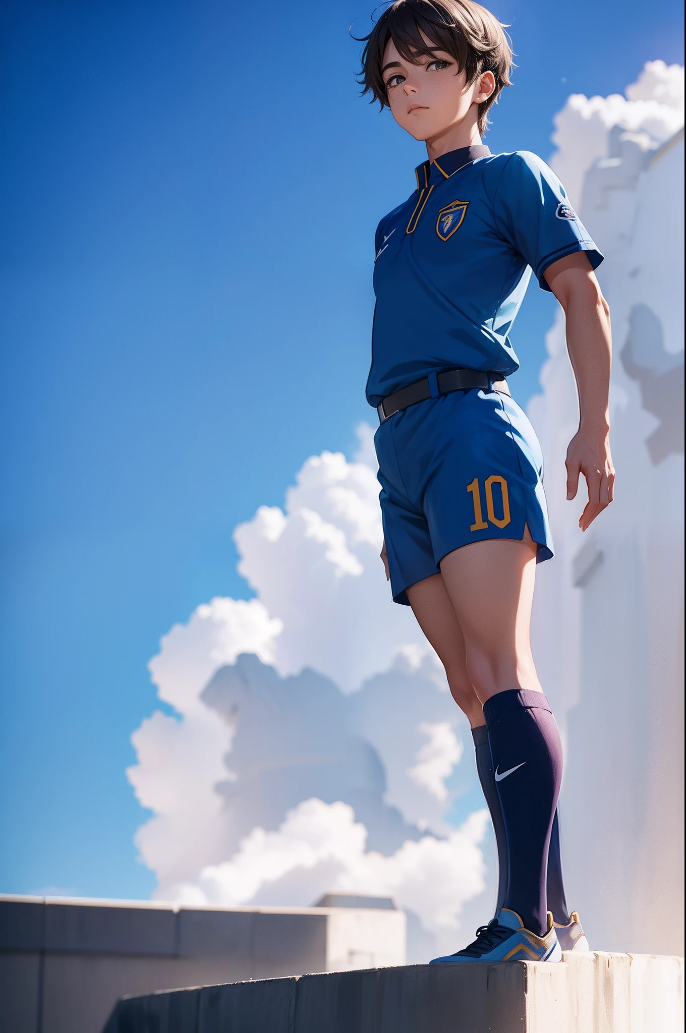 ****** de anime em uniforme azul posando para uma foto, uniform de futebol,No estilo de Kyrill Kotashev, Fanart oficial Behance HD