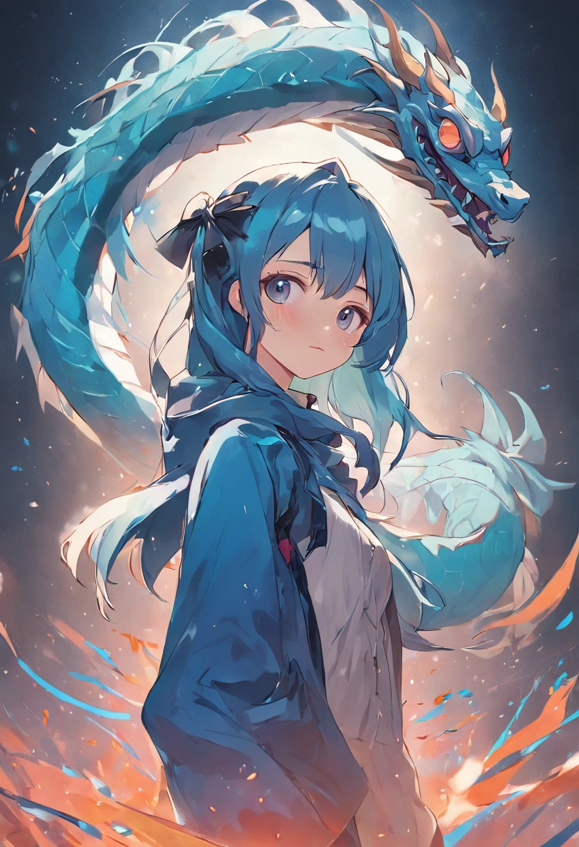 retrato da mulher on the dragon picture, cute, Thailand, woman, photo, 20 years old, cute girl, blue hair, blue eyes, hijab::cartoon style, (((front view))), Estilo Disney Pixar, Filme 3D, altamente detalhado, colorful (((corpo inteiro))) ::n_style realista anime ::seed 040506