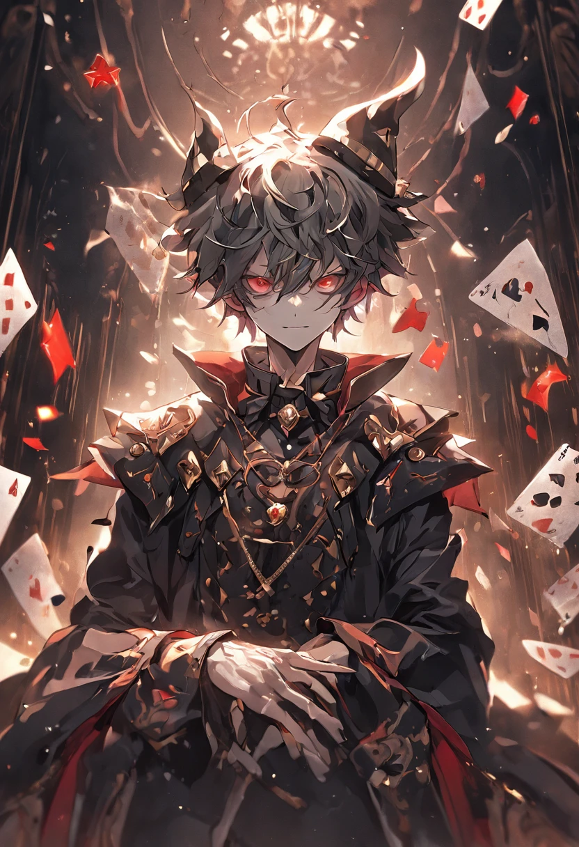 Create full-body digital images in 3D style，Combined with dark fantasy elements. 动态照明，Highlight intricate details. Clear focus and a resolution of at least 4K will ensure a high-quality image. A black background with floating playing cards adds a touch of magic and mystery to the composition. The composition should be perfect. The style of the image should resemble a watercolor, Pastel colors enhance the dark and mysterious atmosphere. The protagonist is a well-portrayed full-body clown, With a striking minimalist mask, No decorations or other details, The shiny silver conveys a mysterious and charming smile, Hide teeth. At the top of the mask, A huge red gemstone stands out. The clown wears a unique and simple black clown suit，With white details, There is also a batwing hat，Adding a touch of mystery..