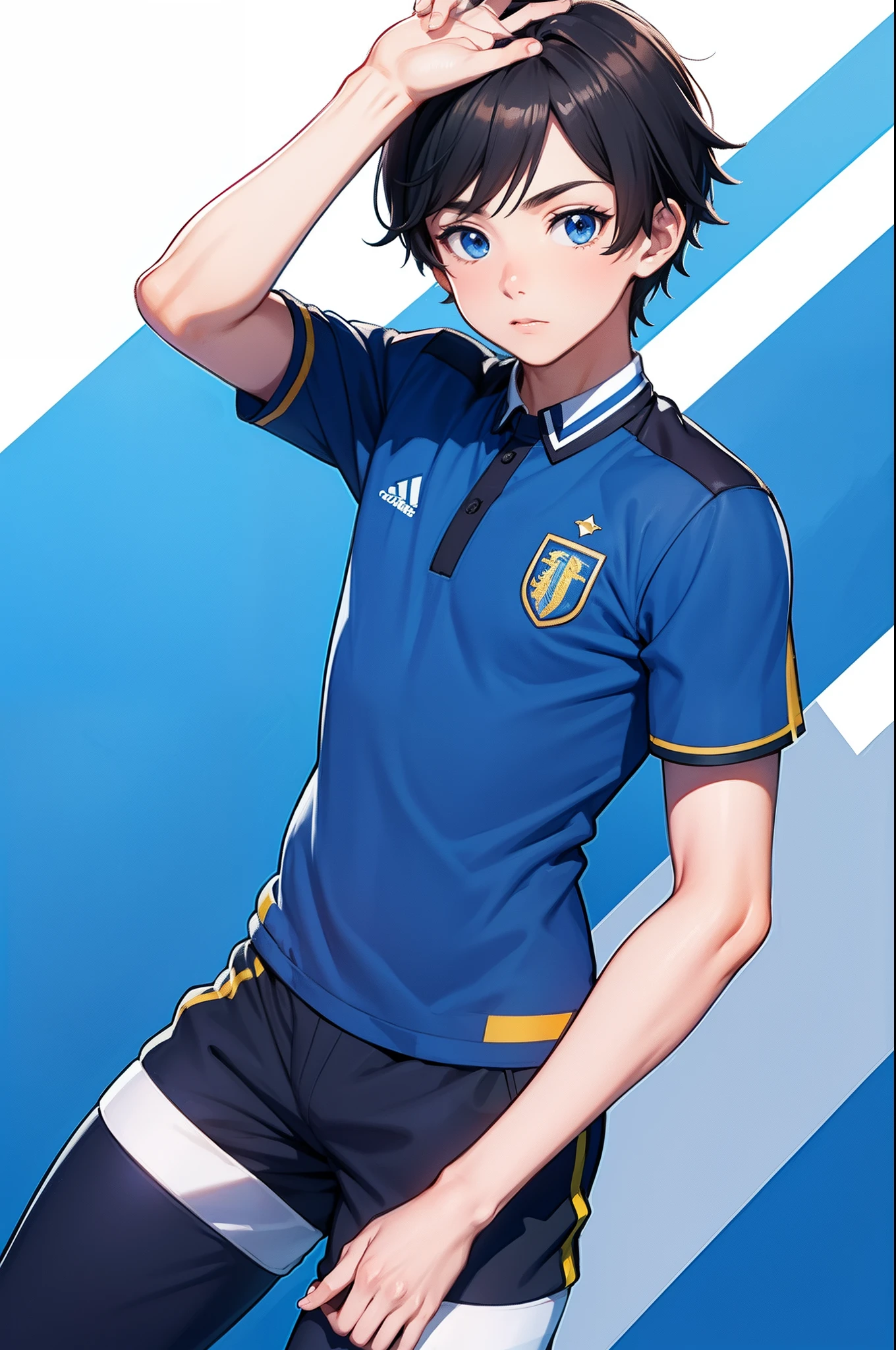 ****** de anime em uniforme azul posando para uma foto, uniform de futebol,No estilo de Kyrill Kotashev, Fanart oficial Behance HD