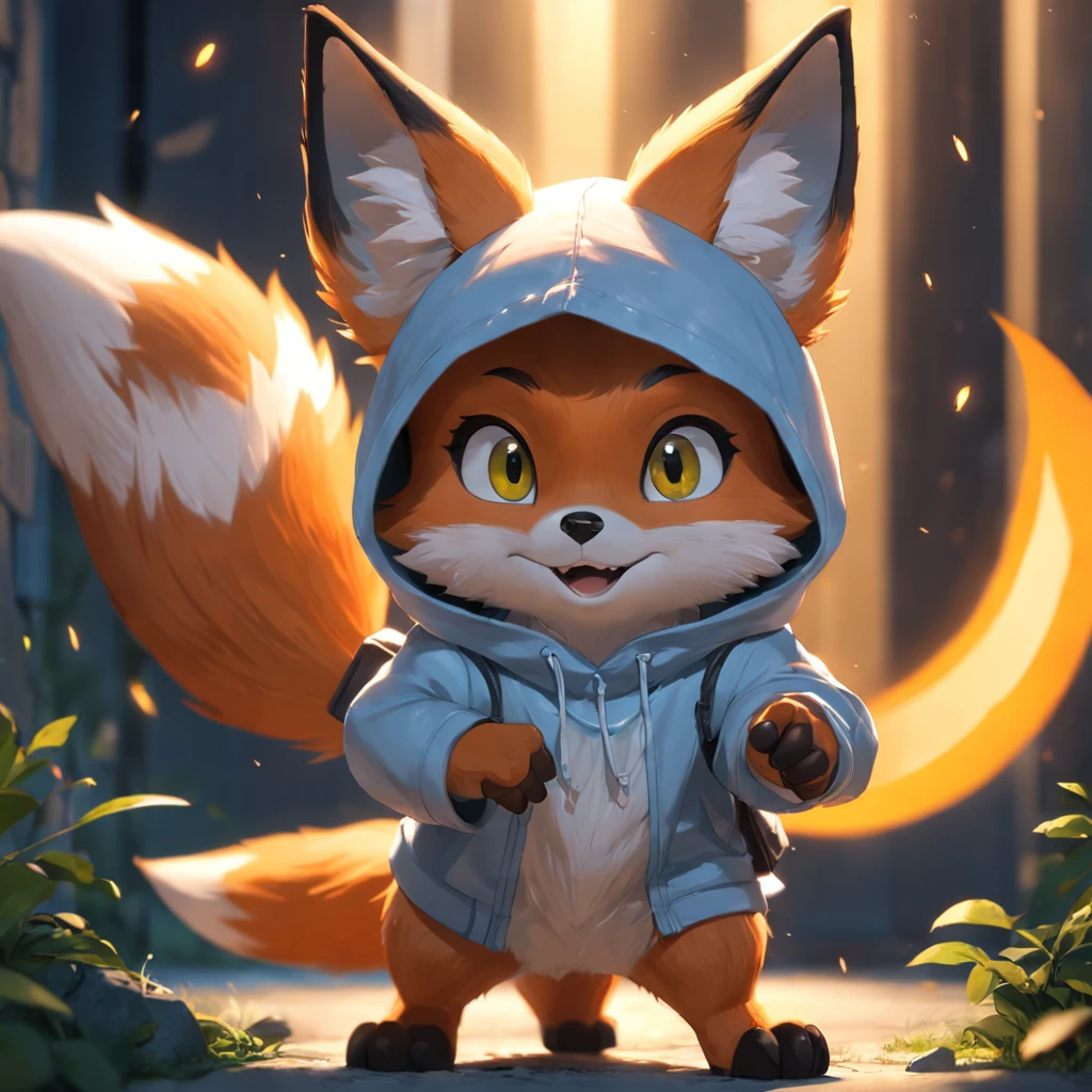 Adorable fox in Pixar movie style, usando um capuz, cinematic lighthing, Depth detection, hiper detalhada, qualidade 8k.  depth of fields，perfect lighting，light particles，（best quality），（tmasterpiece），（Ultra - Detailed），sharp focus，light particles，Niji，fox，male，god eyes，green_eye，Looking_in_viewer，smile，so little，furry， bicho_orelha_fluff，open sky_Attire，Crossed waist with one hand，upper body，tail，short-sleeved shirt，eyeglasses，sunbeams，soft smile，from below，holding coffee(Fox, furry, anthropomorphic), Male, Best quality, human-like body figure), looking at viewer with orange hoodie and sunglasses holding cell phone, fox, avatar image, with futuristic outfit, CGSetnation ),like, professional art, CGsociety - W 1 0 2 4 - N 8 - I,The name is Kan, your name is Kan