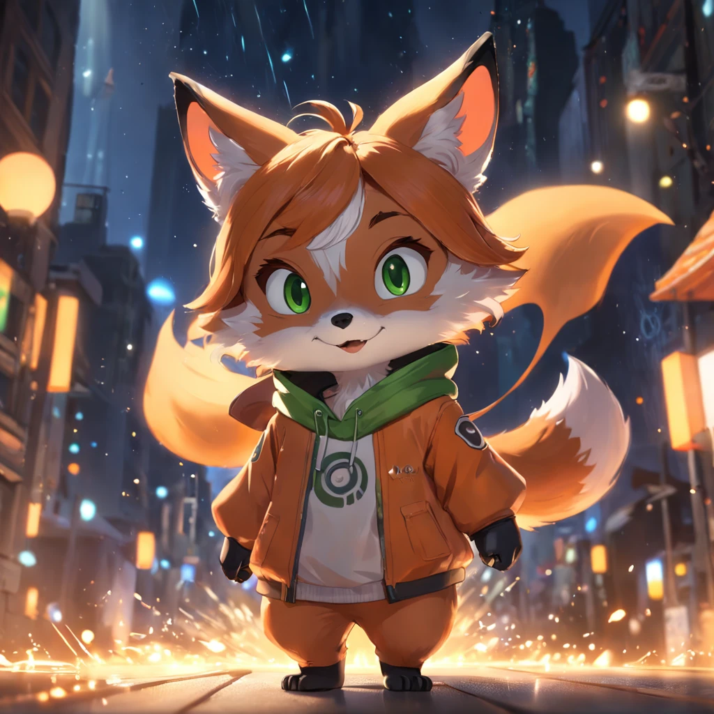 Adorable fox in Pixar movie style, usando um capuz, cinematic lighthing, Depth detection, hiper detalhada, qualidade 8k.  depth of fields，perfect lighting，light particles，（best quality），（tmasterpiece），（Ultra - Detailed），sharp focus，light particles，Niji，fox，male，god eyes，green_eye，Looking_in_viewer，smile，so little，furry， bicho_orelha_fluff，open sky_Attire，Crossed waist with one hand，upper body，tail，short-sleeved shirt，eyeglasses，sunbeams，soft smile，from below，holding coffee(Fox, furry, anthropomorphic), Male, Best quality, human-like body figure), looking at viewer with orange hoodie and sunglasses holding cell phone, fox, avatar image, with futuristic outfit, CGSetnation ),like, professional art, CGsociety - W 1 0 2 4 - N 8 - I,The name is Kan, your name is Kan
