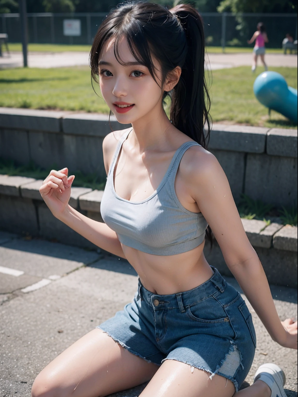 ((1 female: 1.5)), (anatomically correct proportions), (sexy proportions), ((sexy poses)), detailed face, detailed hair, detailed skin, ((small face : 1.2)), (light makeup), thin waist, (large breasts), ((short torso)), ((1 screen)), 8K, RAW shot, highest quality, ((masterpiece)), realistic photography , shot above the knee, (cute face like a Japanese idol), 18-year-old beauty, (amusement park on a hot summer day: 1.5), sweaty standing beauty, body shining with sweat Yes: 1.5, (Sheer tank top with thin fabric: 1.5), Sweat-stained tank top: 1.5, (Body-fitting tank top), (No bra: 1.5), (Cleavage), (( Nipple shadow: 1.5)), (miniskirt is wet: 1.5), (forehead sweat), (wet bangs: 1.8), ponytail, energetic smile