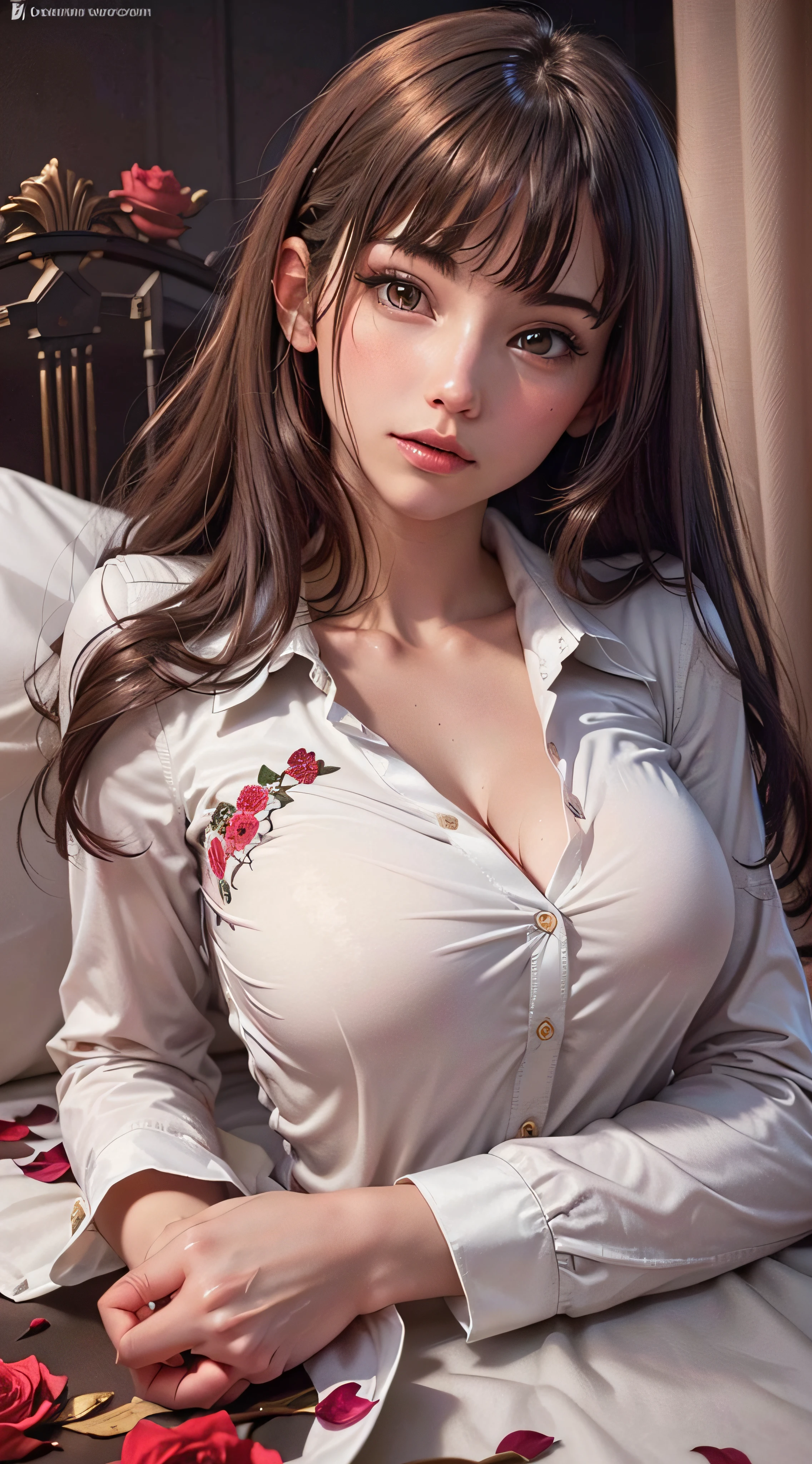 (1girl:1.3), cinematic light,  (masterpiece, top quality, best quality,  beautiful and aesthetic:1.3), extreme detailed,highest detailed,(ultra-detailed),, 
From above,(( lying on bed)), 
solo, breasts, silky long hair, (brown hair), Rose flowers scattered all over the bed,
((suit)), ((shirt)), open breast,