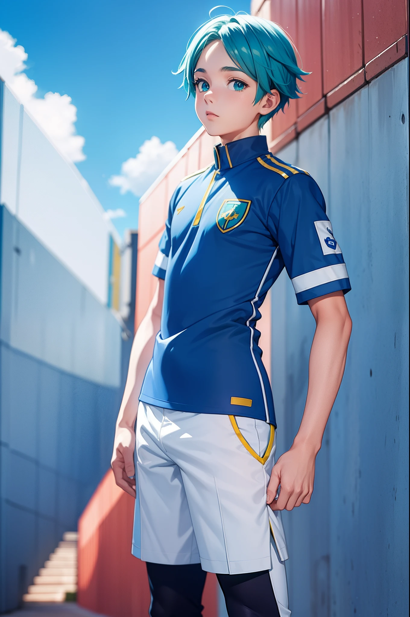 ****** de anime em uniforme azul posando para uma foto, uniform de futebol,No estilo de Kyrill Kotashev, Fanart oficial Behance HD,phosphophyllite