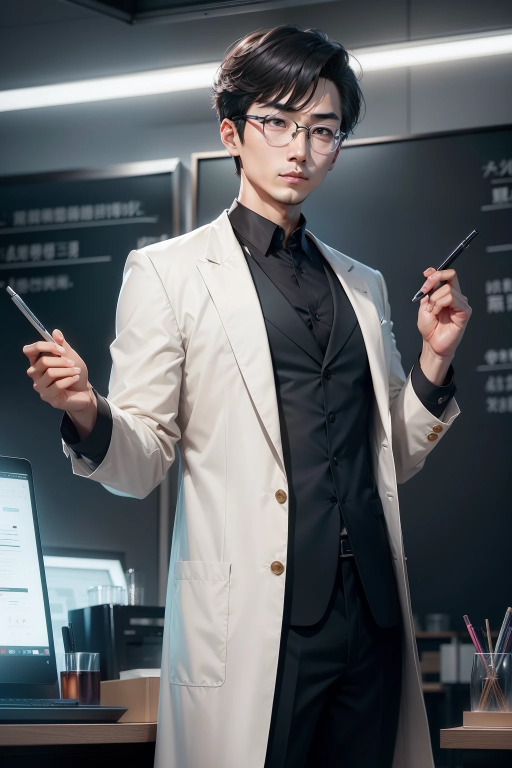 /imagine prompt: Lin Yu stands in front of a blackboard in a modern office, holding a pen in his hand, surrounded by a laboratory filled with various technological devices, by Manhwa --niji 5