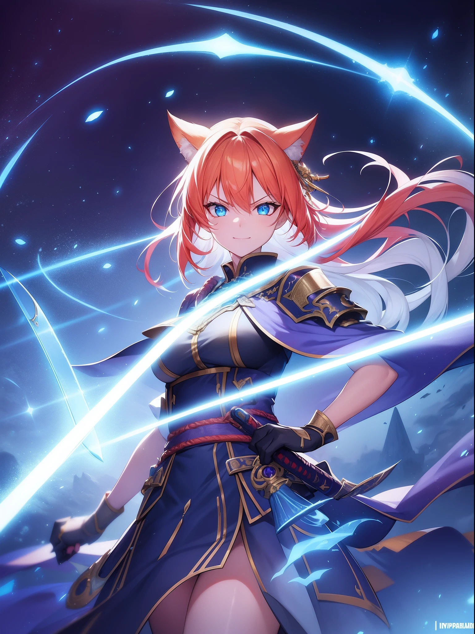 Imaginary,Face Focus, sanpaku, angry, Smile,smiling mischievously, A look that came up with a bad thing,Cat's ears,Her hair is orange、Short hairstyle, ,Her skin is pale, Swirling rainbows and lights on complex background、It enveloped me like a serpent in an interstellar wind,holding samurai sword,dual-wielding,Unleash the Blade of Light,Breasts are a great cutting board,She smiles mischievously, She has a gun in the middle, Highest Quality, Carry a blue cloak with war maiden decorations,Raise the railgun, ((sanpaku))((Proud)), 8 Blue Light Sword,Blade of Light,Lens Flare, Big rainbow,The moon shines,Star chips, bloom, ((light glow)), chromatic abberation], Digital Painting, Insane details, Intricate details, Beautifully color graded, Unreal Engine, Cinematic , colour grading, Editorial Photography , Photography, Photo Shot, Shot on 70mm lens, depth of fields, degrees of freedom, Tilt Blur, Shutter Speed 1/1000, h/22