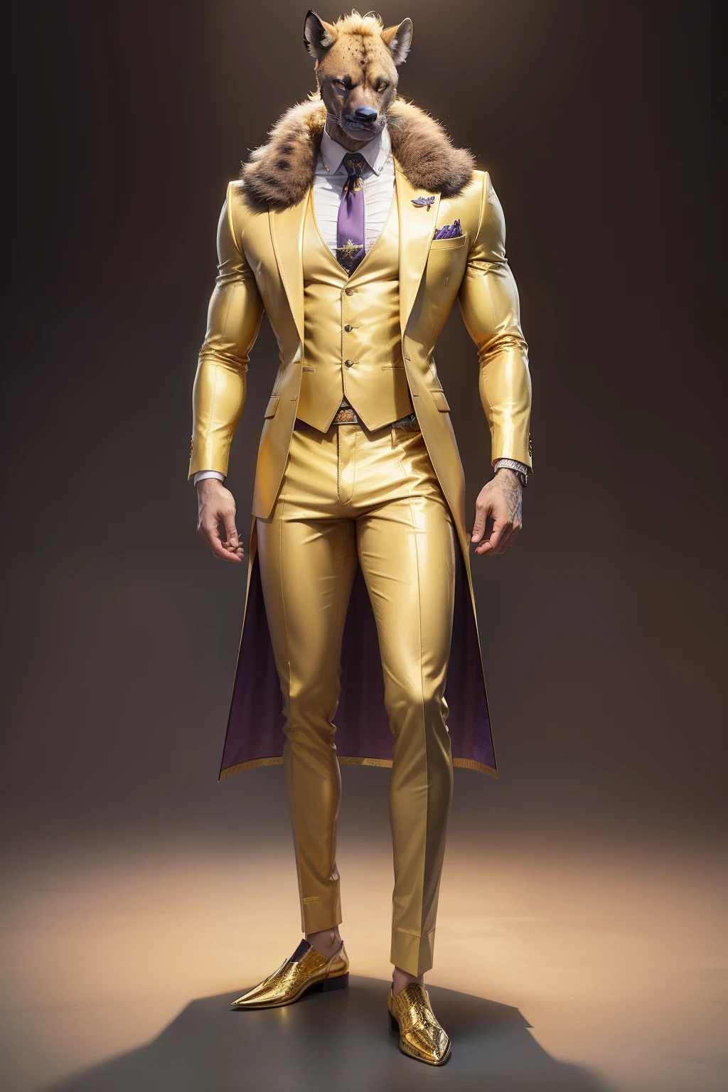 Full Body Shot, masterpiece, \(high, top, insane, extreme, perfect, Professional\)_\(quality, resolution, details, Image_sharpness\), intricate, high_\(quality_textures, resolution_textures\), absurdres, sharp details, award_winning, realistic, 8k, hyena, anthro, male, muscular, (tall:1.6), Yellow Aura, tundra, gold_suit, purple_pants, gold_tie, leather_shoes, r1ge, (light yellow theme:1.2), gold_fur,