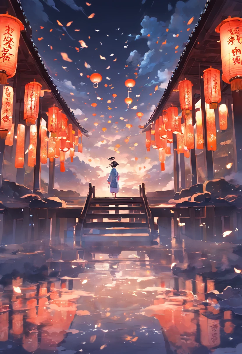 Floating lights, cinematic light and reflections, Glowing lights, Intermediate metaverse elements，Digital painting, glowing reflections, Pondering, Floating lanterns, calm evening, Digital illustration, beautiful ambiance, Sky lights at night, serene evening atmosphere, Floating lanterns, (Kongming Lantern), the night, themoon, game scenes, Ancient Chinese palaces are located above the clouds, surrounded by cloud, Homem-Imponente, glazed tiles, BUDDHA STATUE, gorgeous color, In the foreground are three arches((Color ink)), ( (Splash ink ) ),  ((Splash ink) ink})), tmasterpiece, high qulity, Beautiful graphics, high detal