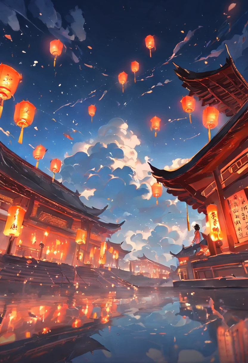 Floating lights, cinematic light and reflections, Glowing lights, Intermediate metaverse elements,Digital painting, glowing reflections, Pondering, Floating lanterns, calm evening, Digital illustration, beautiful ambiance, Sky lights at night, serene evening atmosphere, Floating lanterns, (Kongming Lantern), the night, themoon, game scenes, Ancient Chinese palaces are located above the clouds, surrounded by cloud, Homem-Imponente, glazed tiles, BUDDHA STATUE, gorgeous color, In the foreground are three arches((Color ink)), ( (Splash ink ) ), ((Splash ink) ink})), tmasterpiece, high qulity, Beautiful graphics, high detal