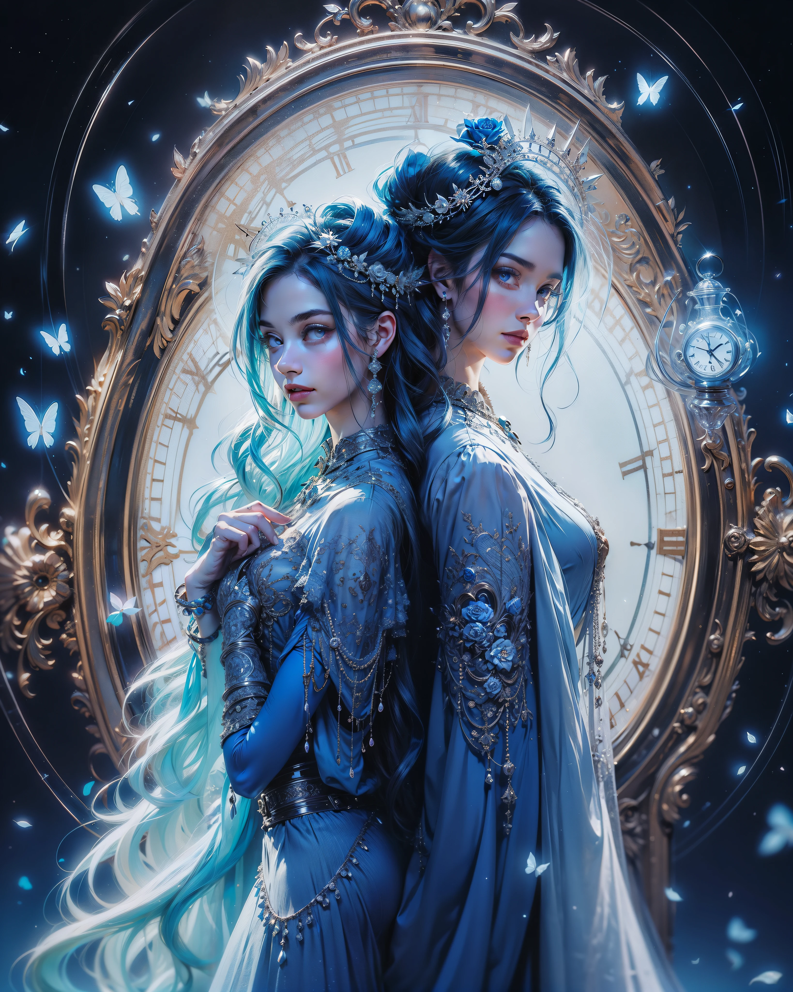 A single, vibrant blue rose, encircled in a perfect circle, delicately placed on a clock face with intricate silver hands, against a pristine white backdrop.