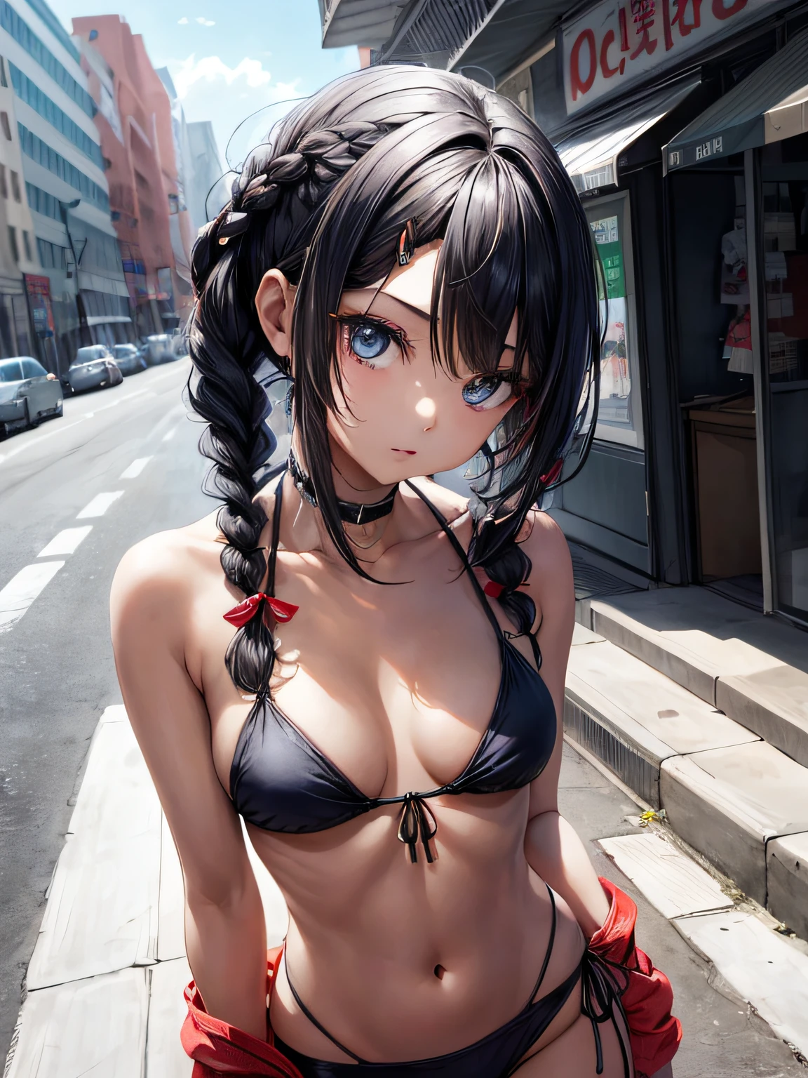 1 girl in, pelo rubio con trenzas africanas pegadas, ojos azules claro, con bikini de color rojo, chica de piel morena, empty city, high resolusion, ultrasharp, 8k