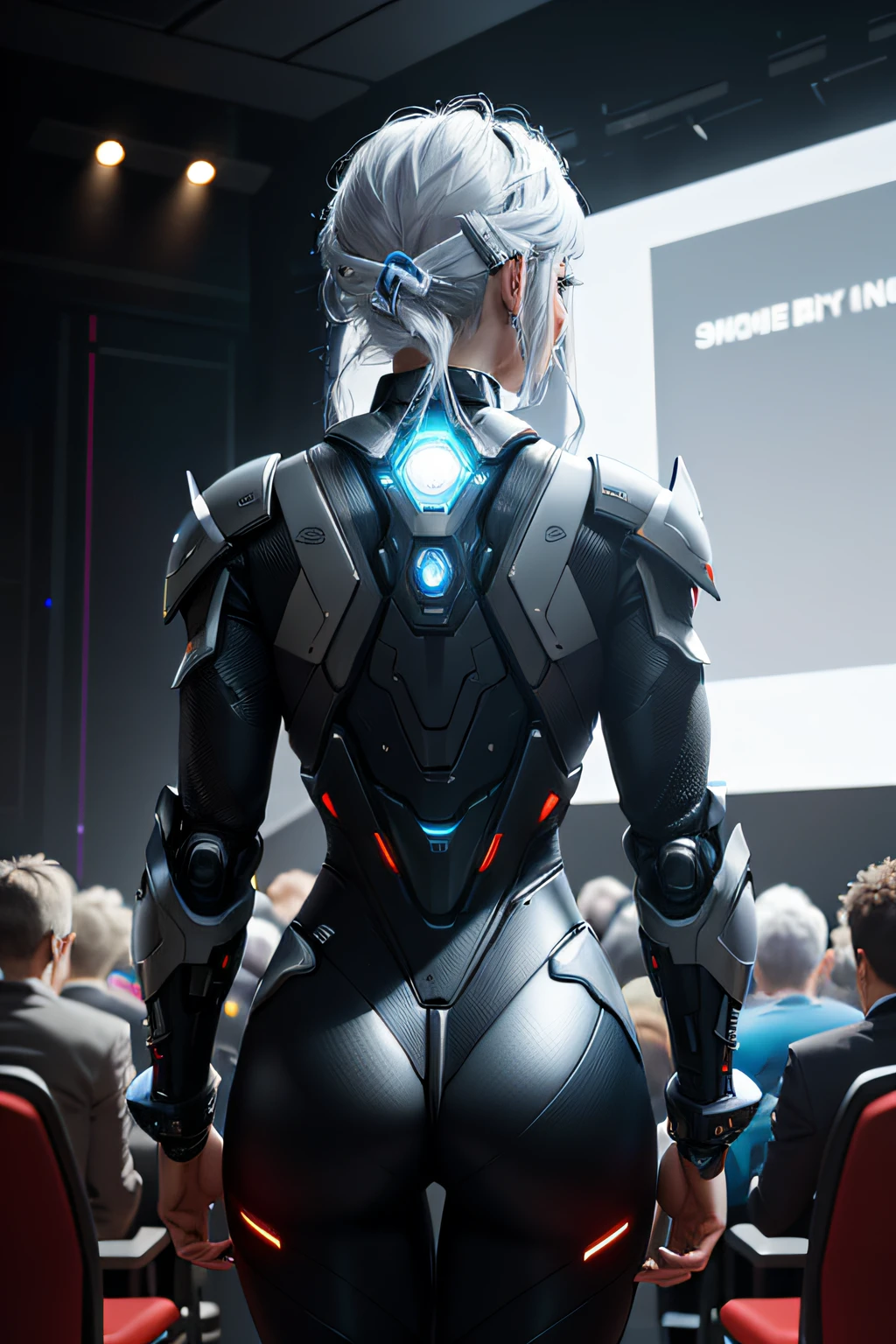 There was a woman in a futuristic suit on the phone, Be sure to turn your back to the audience，Be sure to tap the screen with your right hand，cyber suit, wearing futuristic armor, diverse cybersuits, cybersuit, girl in mecha cyber armor, cyber suit, Mecha suit, cyborg - girl with silver hair, stylish cyborg armor, unreal engine character art, Wear cyber armor, unreal engine rendered + A goddess