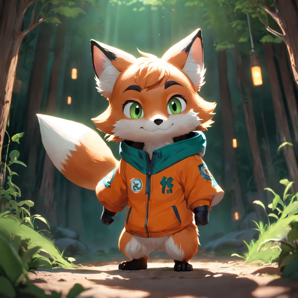 Adorable fox in Pixar movie style, usando um capuz, cinematic lighthing, Depth detection, hiper detalhada, qualidade 8k. depth of fields,perfect lighting,light particles,(best quality),(tmasterpiece),(Ultra - Detailed),sharp focus,light particles,Niji,fox,male,god eyes,green_eye,Looking_in_viewer,smile,so little,furry, bicho_orelha_fluff,open sky_Attire,Crossed waist with one hand,upper body,tail,short-sleeved shirt,eyeglasses,sunbeams,soft smile,from below,holding coffee(Fox, furry, anthropomorphic), Male, Best quality, human-like body figure), looking at viewer with orange hoodie and sunglasses holding cell phone, fox, avatar image, with futuristic outfit, CGSetnation ),like, professional art, CGsociety - W 1 0 2 4 - N 8 - I,The name is Kan, your name is Kan