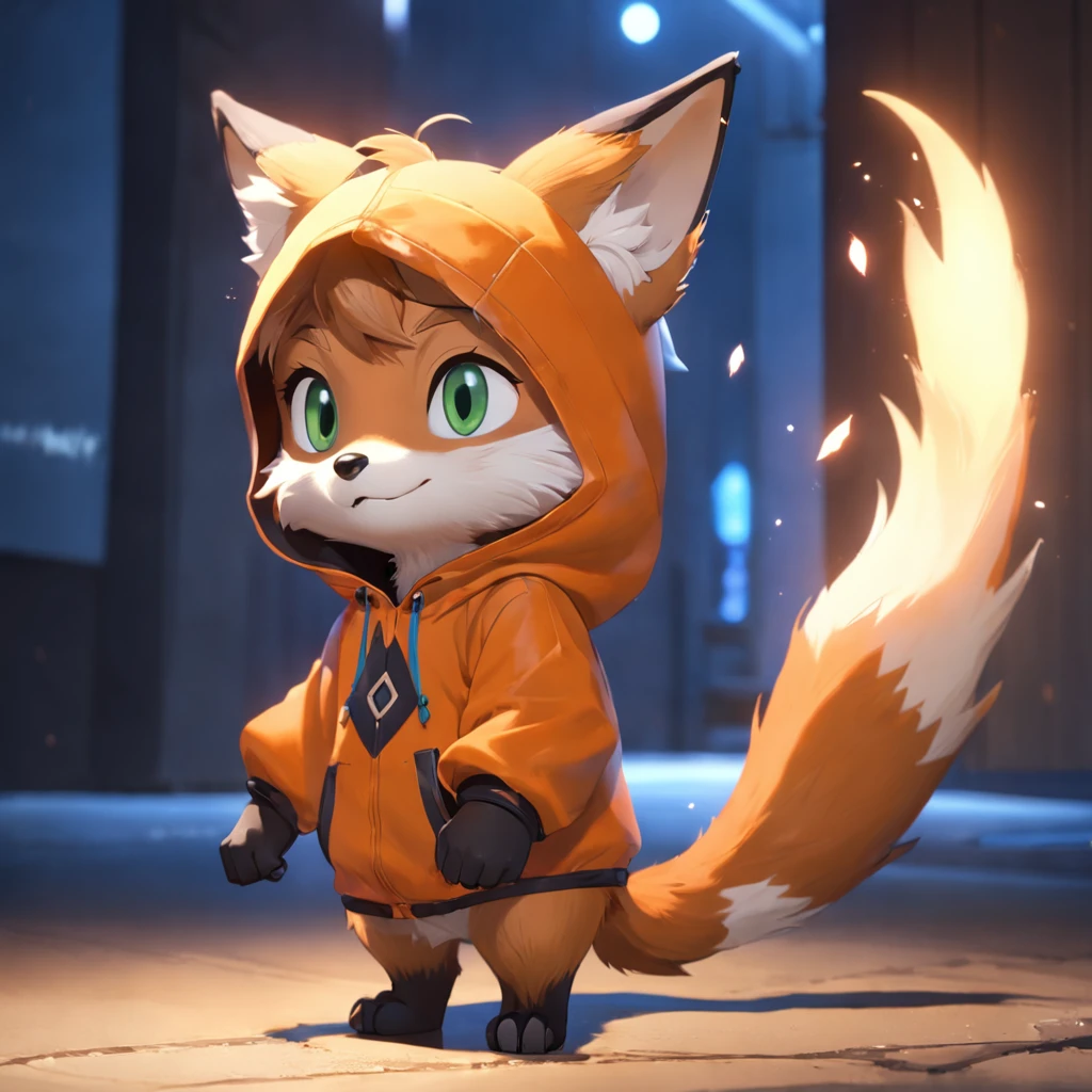 Adorable fox in Pixar movie style, usando um capuz, cinematic lighthing, Depth detection, hiper detalhada, qualidade 8k. depth of fields,perfect lighting,light particles,(best quality),(tmasterpiece),(Ultra - Detailed),sharp focus,light particles,Niji,fox,male,god eyes,green_eye,Looking_in_viewer,smile,so little,furry, bicho_orelha_fluff,open sky_Attire,Crossed waist with one hand,upper body,tail,short-sleeved shirt,eyeglasses,sunbeams,soft smile,from below,holding coffee(Fox, furry, anthropomorphic), Male, Best quality, human-like body figure), looking at viewer with orange hoodie and sunglasses holding cell phone, fox, avatar image, with futuristic outfit, CGSetnation ),like, professional art, CGsociety - W 1 0 2 4 - N 8 - I,The name is Kan, your name is Kan