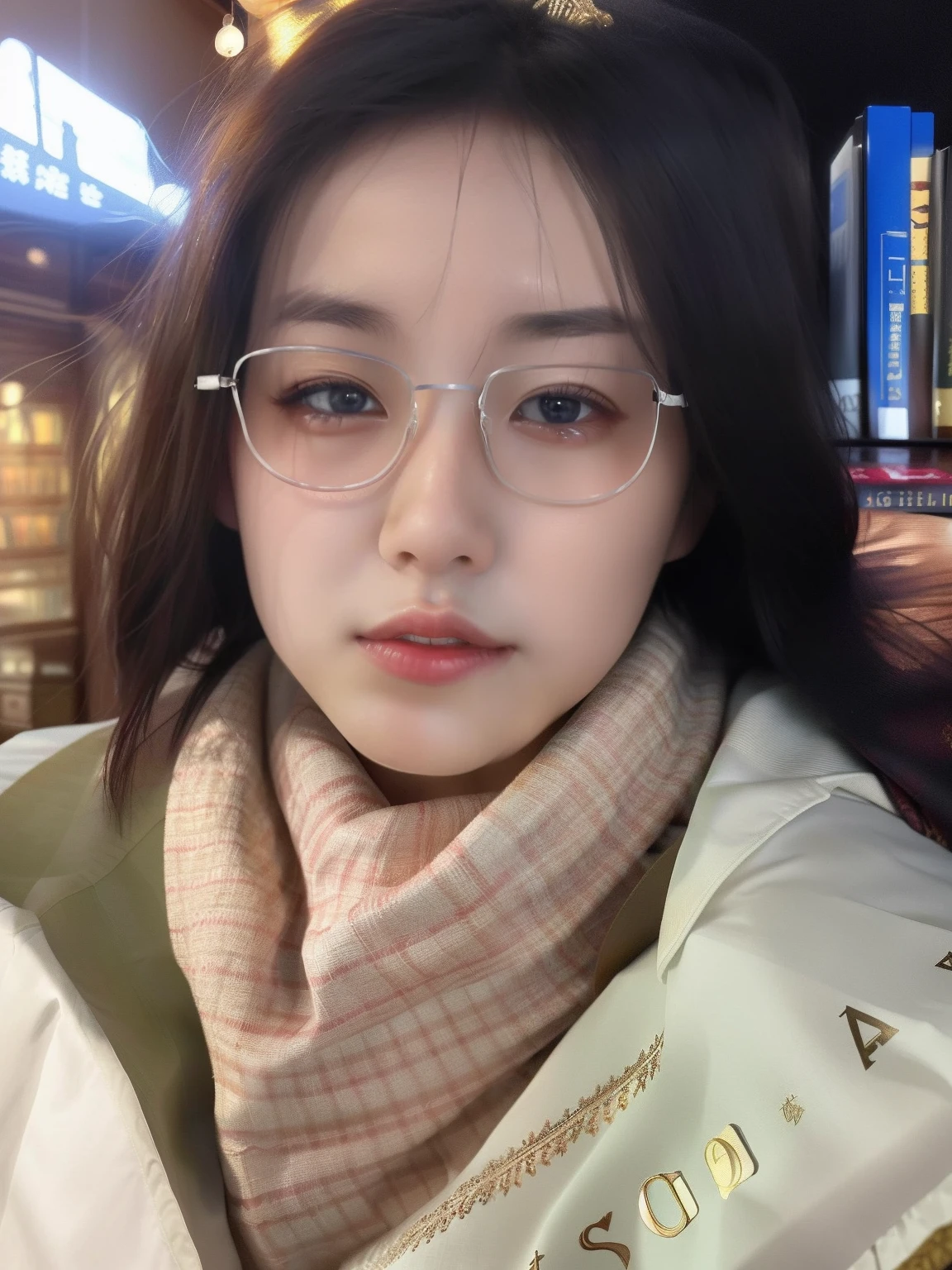 Masterpiece, Best quality, 超高分辨率, (Photorealistic:1.4), Beautiful lighting, RAW photo, 8K UHD, hyperdetailed face, realistic lightning, Beautiful girl, Sweet girl, ((wearing white shirt and long pleated skirt)), library, Long shot, Shy, hiding face behind book,