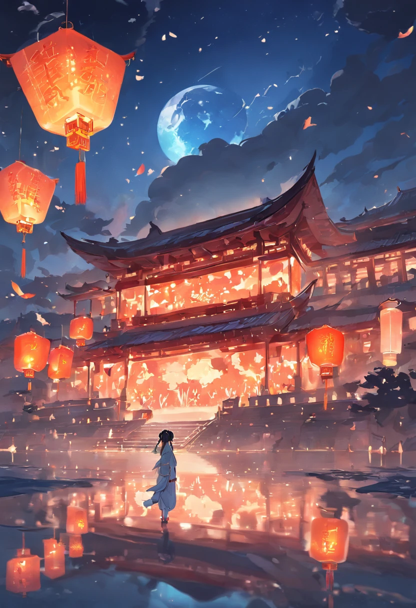 Floating lights, cinematic light and reflections, Glowing lights, Intermediate metaverse elements，Digital painting, glowing reflections, Pondering, Floating lanterns, calm evening, Digital illustration, beautiful ambiance, Sky lights at night, serene evening atmosphere, Floating lanterns, (Kongming Lantern), the night, themoon, game scenes, Ancient Chinese palaces are located above the clouds, surrounded by cloud, Homem-Imponente, glazed tiles, BUDDHA STATUE, gorgeous color, In the foreground are three arches((Color ink)), ( (Splash ink ) ),  ((Splash ink) ink})), tmasterpiece, high qulity, Beautiful graphics, high detal