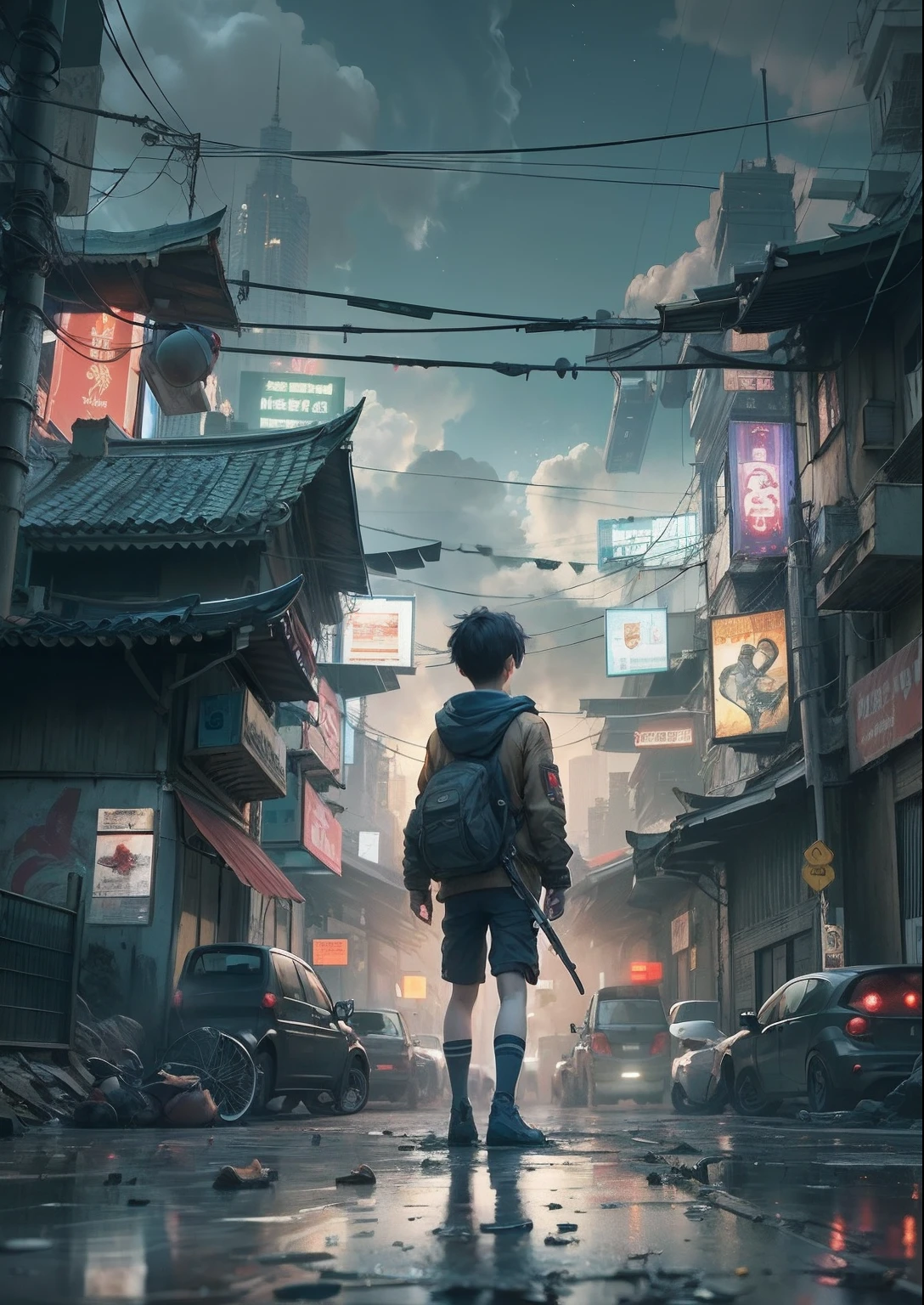 1boy,a 13 yo boy、Cyberpunk Boy、katanas,machine gun、Cat's ears、Short hairstyle、Whole body bloody、Back lighting,The beginning of the adventure、Lots of clouds,Beautiful fog,Chaotic city of the future、ruined and devastated city、dystopian、A very complex group of Chinese buildings stands in the center、Highly complex Chinese buildings、Dim lighting、puddles、Chaotic landscape、Beautiful and fantastic scenery、Cinematic scenery、hightquality、masutepiece,8K、hight resolution、ultra-detailliert,