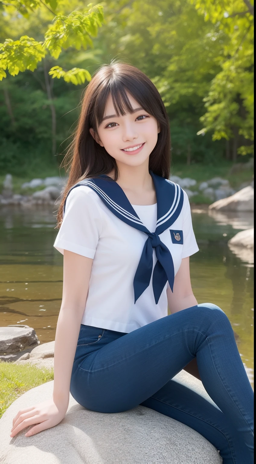 A smiling girl，In sailor suit，Blue skinny jeans，Sitting on a large rock by the pond，com rosto detalhado，The eyes are delicate，The photo quality is the best，Realistic image quality，Background diffuse lighting，Depth of field display。