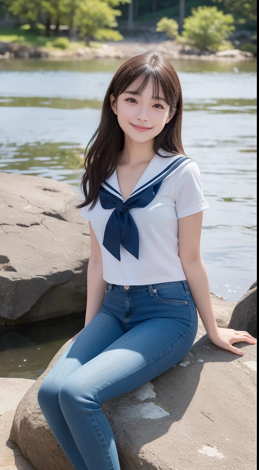 A smiling girl,In sailor suit,Blue skinny jeans,Sitting on a large rock by the pond,com rosto detalhado,The eyes are delicate,The photo quality is the best,Realistic image quality,Background diffuse lighting,Depth of field display。