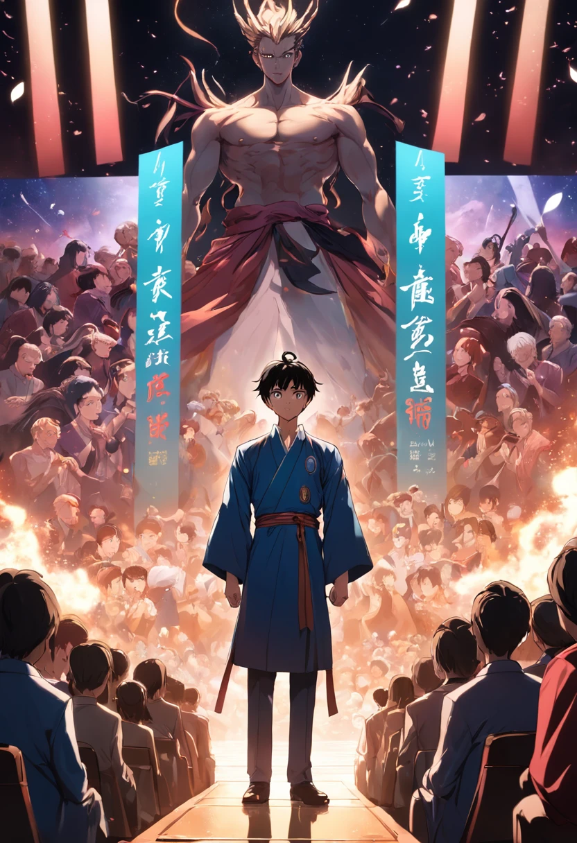 /imagine prompt: The handsome male Lin Yu stood on the stage of the award ceremony, Received applause and praise from the audience. The background of the stage is a large portrait of Lin Yu, Surrounded by crowded spectators and media reporters, author：Cartoon--niji 5