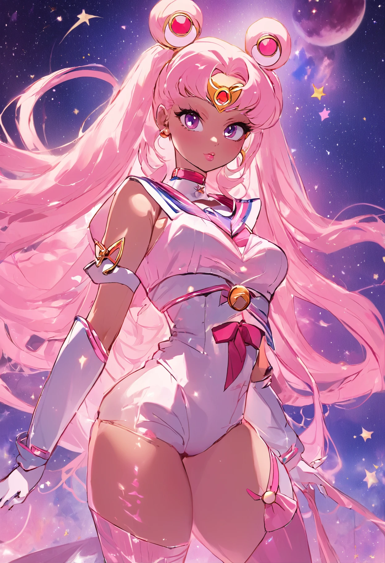 "Create a stunning artwork of Nicki Minaj as a hybrid of Sailor Moon with intricate details, vibrant colors, and dynamic poses. Incorporate elements of Sailor Moon's iconic outfit, such as the sailor collar and bow, while adding Nicki Minaj's unique style and attitude. Show her in a powerful and confident pose, with mesmerizing eyes and flowing hair. Enhance the image with celestial backgrounds, cosmic effects, and a touch of magic. Ensure the artwork is of the highest quality, with exquisite attention to detail and flawless execution."