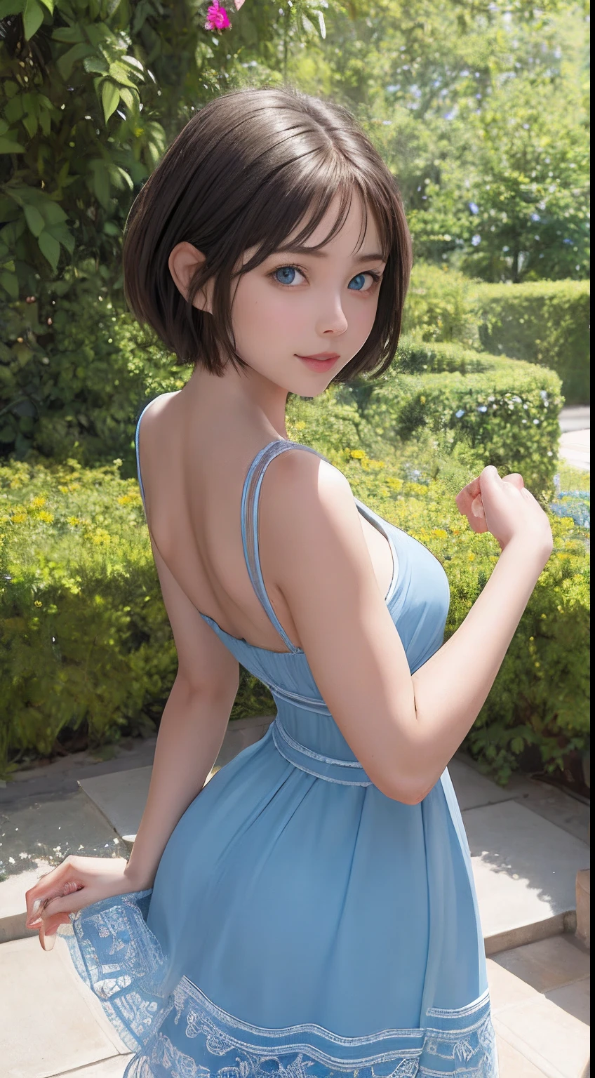 masterpiece, best quality, absurdres, perfect anatomy, 1girl, solo, Ronye Arabel, short hair, blue eyes, from behind, sundress, yellow sundress, garden, day, sunshine, smile, looking back