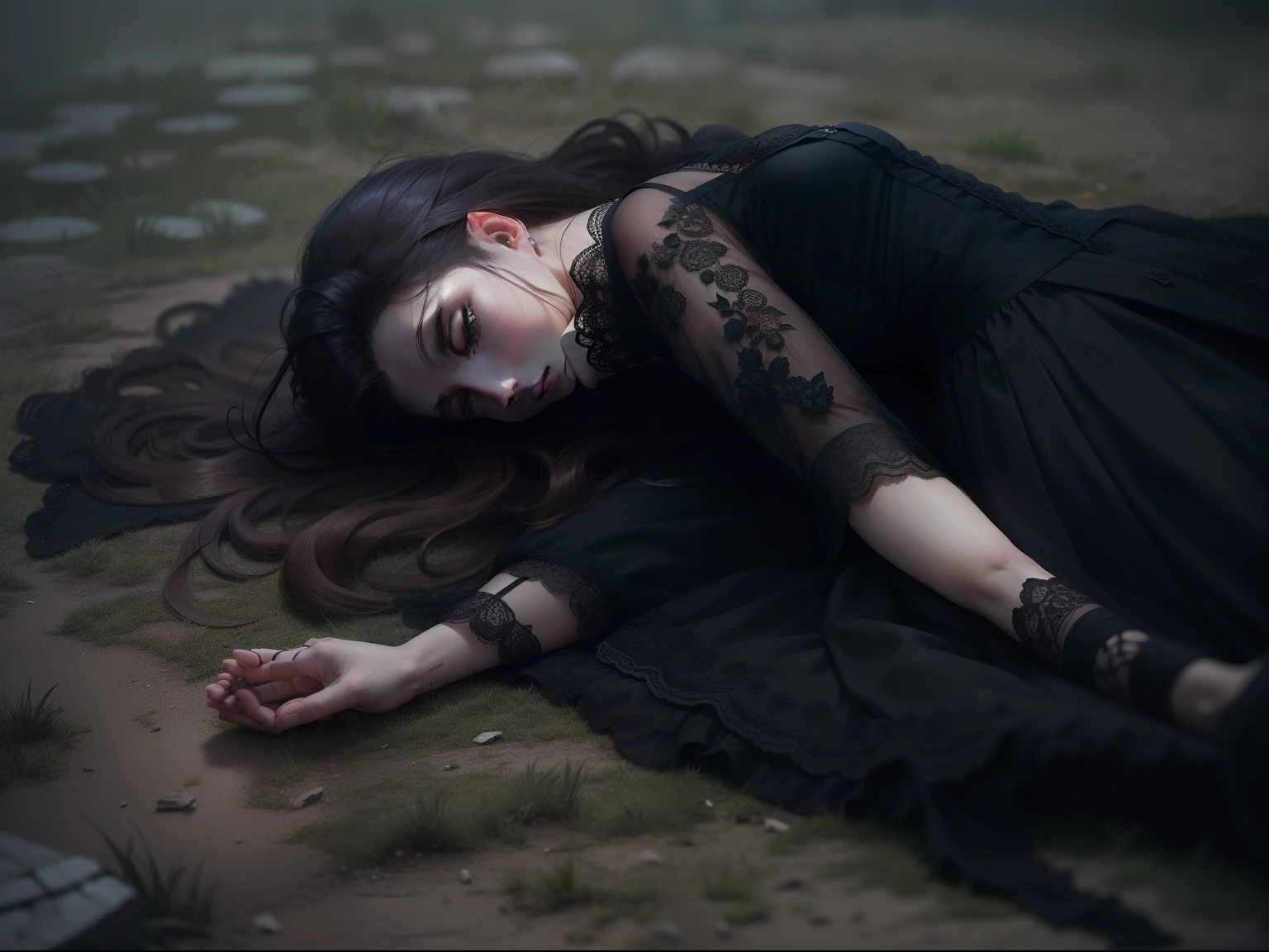 hiquality, gloomy atmosphere, 14th century, woman laying in a black lace dress face down on the ground