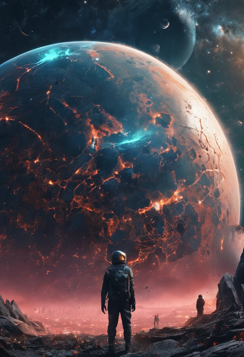 Post-apocalyptic art,Jia Dou Dystopian Art Punk Fault Core Look at a blue glowing planet in space，The scene is highly-detailed，Clarity is extraordinary，Every intricate detail of the panorama is captured，the background is the milky way galaxy