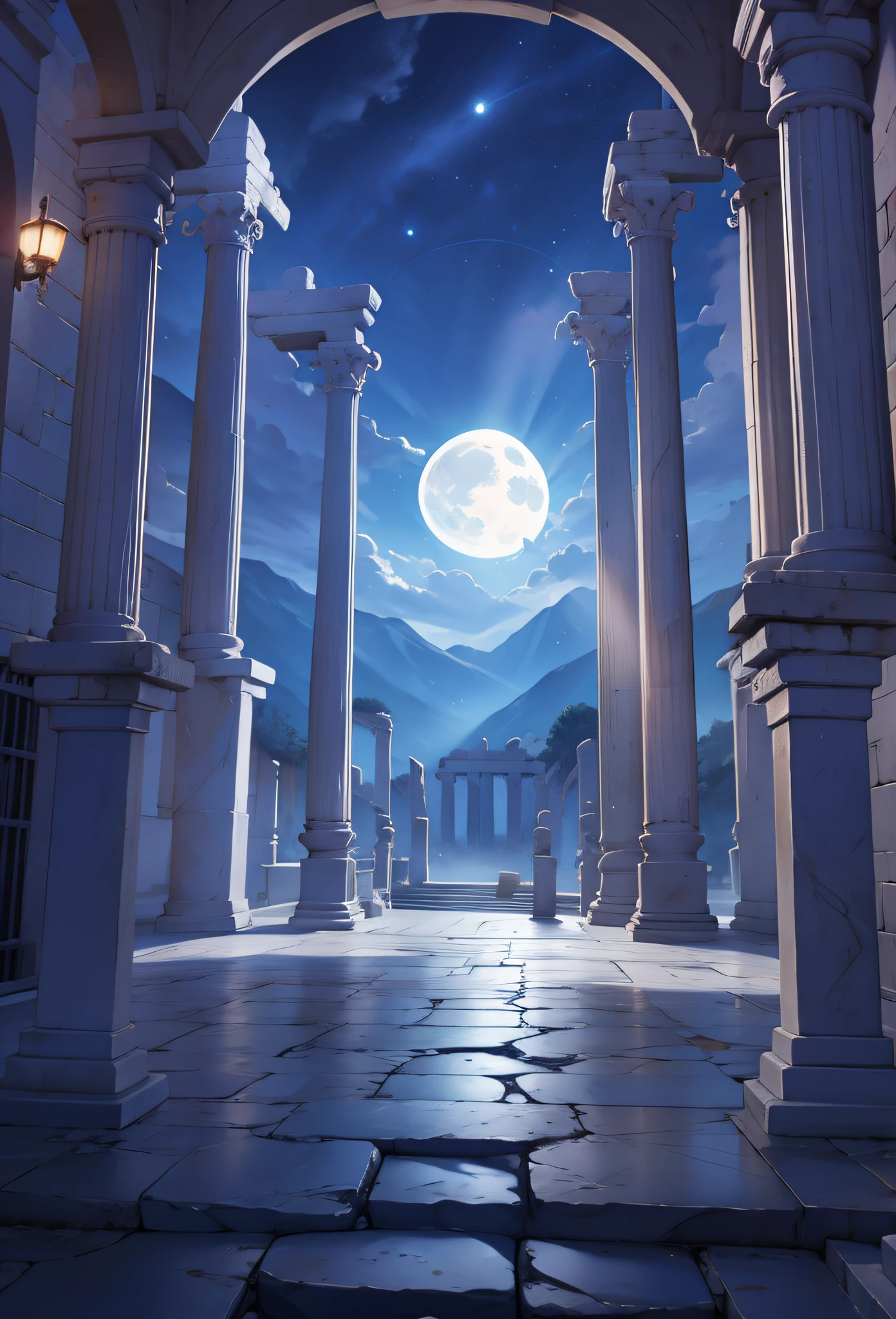 Greek mythological scenes，pillar，rays of moonlight