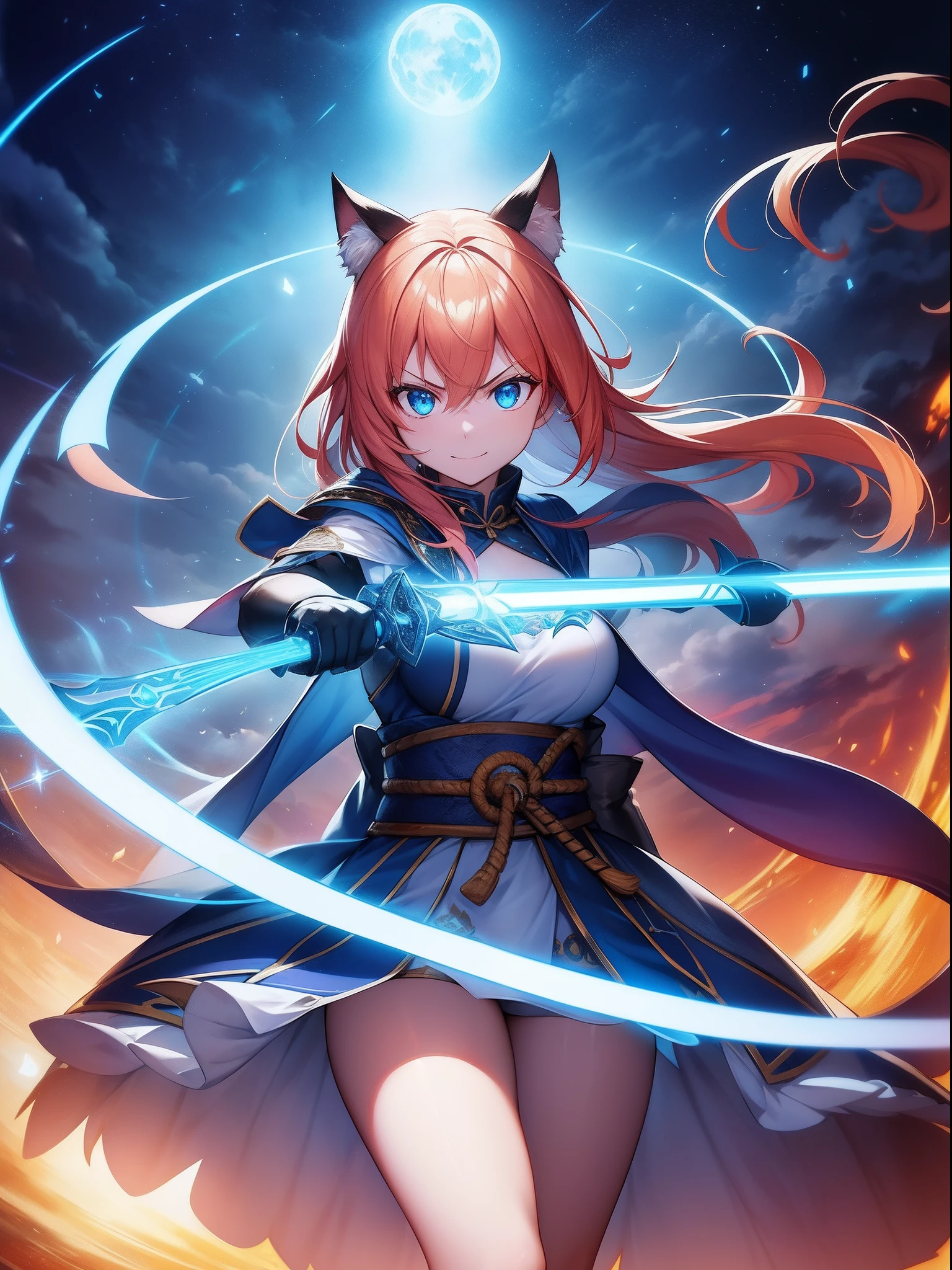 Imaginary,Face Focus, sanpaku, angry, Smile,smiling mischievously, A look that came up with a bad thing,Cat's ears,Her hair is orange、Short hairstyle, ,Her skin is pale, Swirling rainbows and lights on complex background、It enveloped me like a serpent in an interstellar wind,holding samurai sword,dual-wielding,Unleash the Blade of Light,Breasts are a great cutting board,She smiles mischievously, She has a gun in the middle, Highest Quality, Carry a blue cloak with war maiden decorations,Raise the railgun, ((sanpaku))((Proud)), 8 Blue Light Sword,Blade of Light,Lens Flare, Big rainbow,The moon shines,Star chips, bloom, ((light glow)), chromatic abberation], Digital Painting, Insane details, Intricate details, Beautifully color graded, Unreal Engine, Cinematic , colour grading, Editorial Photography , Photography, Photo Shot, Shot on 70mm lens, depth of fields, degrees of freedom, Tilt Blur, Shutter Speed 1/1000, h/22