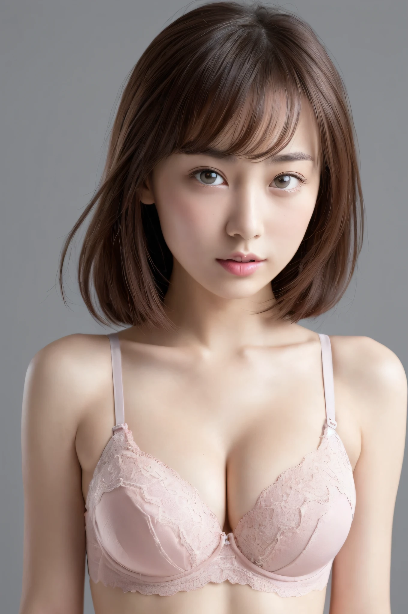 ((Bra Pink: 1.5)), photogravure sexy pose, (Masterpiece:1.3), (8K, Photorealistic, Raw photography, Best Quality:1.4), (1girl), Beautiful face, Realistic face, (Detailed face), Beautiful hairstyle, (Detailed hair), Realistic eyes, (Detailed eyes), Beautiful details, Realistic skin, (Detailed skin), Beautiful skin, Attractive, Ultra high definition, A hyper-realistic, Very detailed, (big breasts:0.5), Japanese beauty, (slim figure), gentle, brown hair, (super model figure), cute young Japanese girl, pretty young Japanese girl, (simple gray background), Big breasts :1.2, Enhanced cleavage, bashful, wide shot, (full body), ((Bra Pink: 1.5))