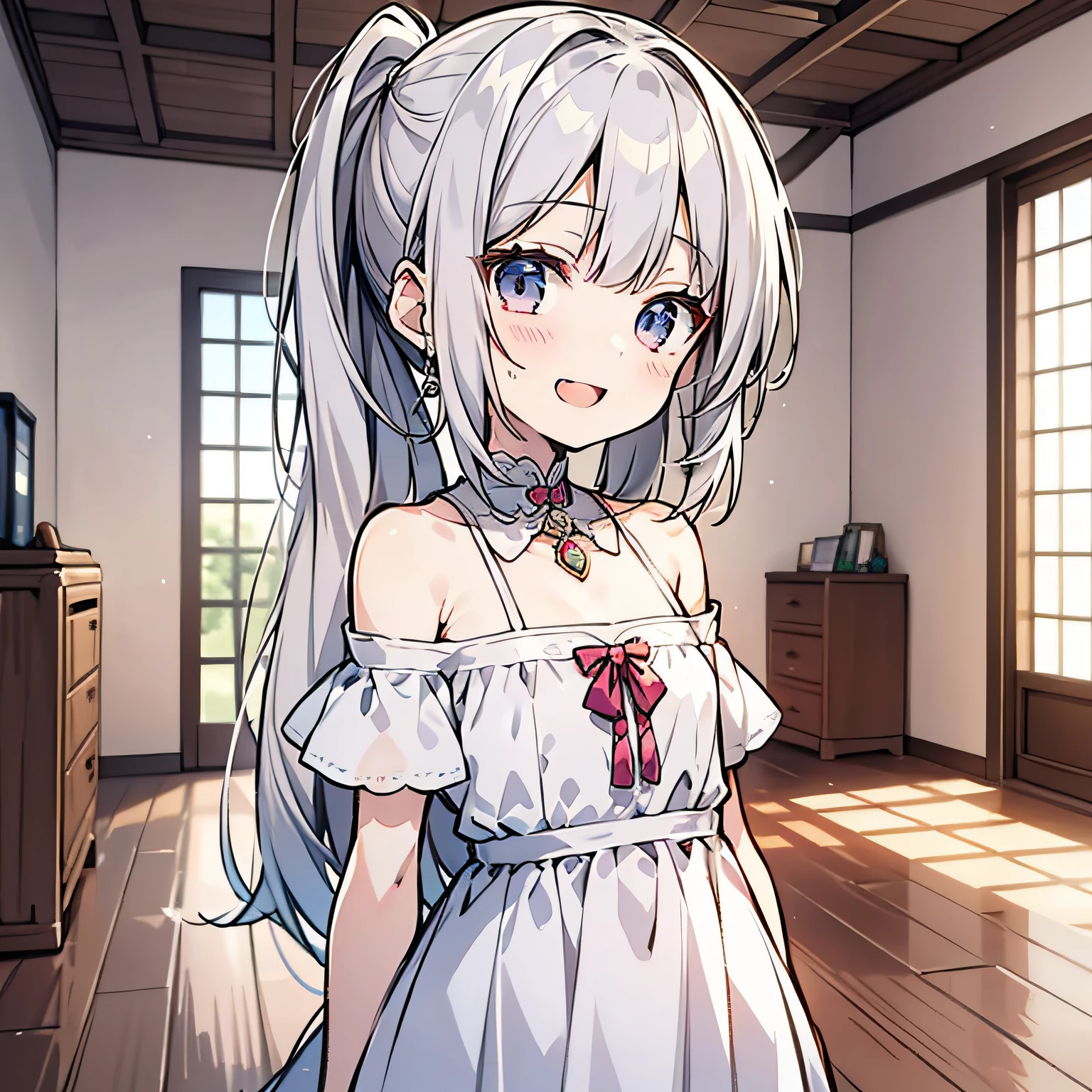 An anime girl around 5 years old,Double ponytail hairstyle 1.5,Long white hair 1.5,Wearing a plain white dress,Stand in the girls' room(Open your mouth and laugh 1.5)(Shy expression 1.5)(The background is in the room in the village:1.5),Anime style 4K,Anime rendering,style of anime,8K fineness,(Upper body display:1.5)(Young little girl:1.3)(Child 1.5)(Cinematic lighting:1.5)(Flat chest 1.5)