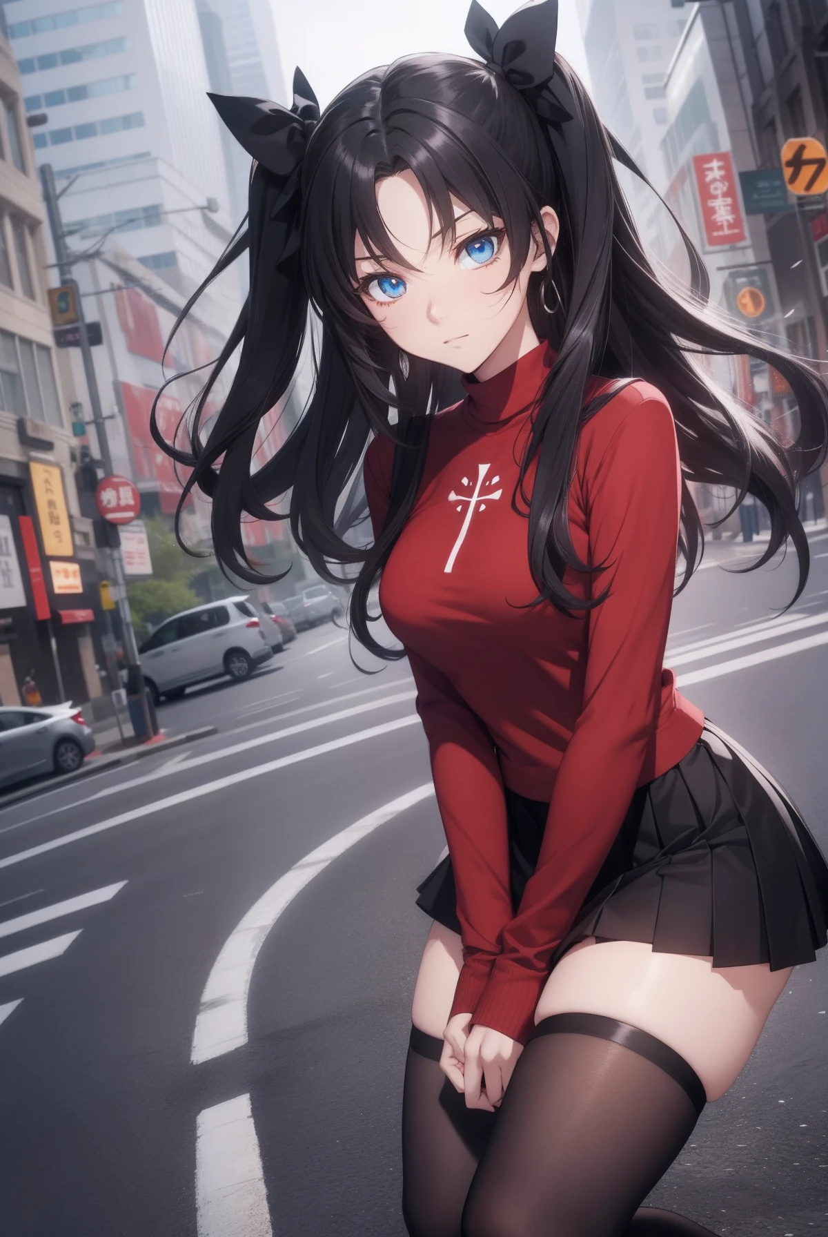 Rin Tohsaka, Rin Tohsaka, aqua eyes, Black hair, Hair Ribbon, Long hair, bow ribbon, side locks, two side up,
Blake Black Skirt, black thighhighs, Long sleeves, Miniskirt, Pleated skirt, Red Sweater, Skirt, Sweaters, thighs thighs thighs thighs, turtle neck,
BREAK outside, city,
BREAK looking at viewer, BREAK (masutepiece:1.2), Best Quality, High resolution, Unity 8k壁纸, (Illustration:0.8), (Beautiful detailed eyes:1.6), extra detailed face, Perfect Lighting, extremely details CG, (Perfect hands, Perfect Anatomy),