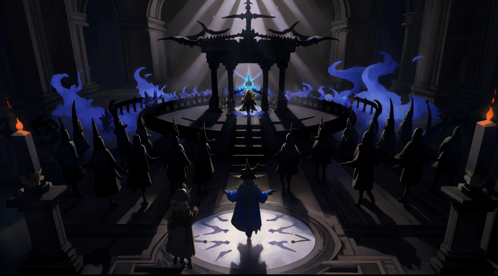 highres, top quality, best quality, paid reward available, High-quality illustrations by Vermeer, unparalleled masterpiece, perfect artwork, absurdres, perfect anatomy, standing in room, summoning an eldritch god,, summoning undead friends, spellcasting pose, album art, mmorpgs scene, dynamic lighting, deep shadow, cinematic angle,