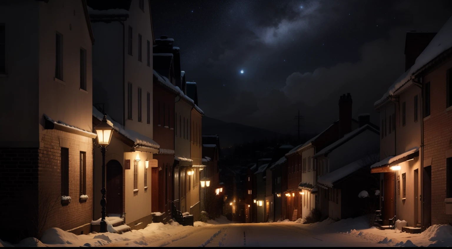 On a silent night, the starlight illuminates the town, and the moonlight shines on the quiet streets