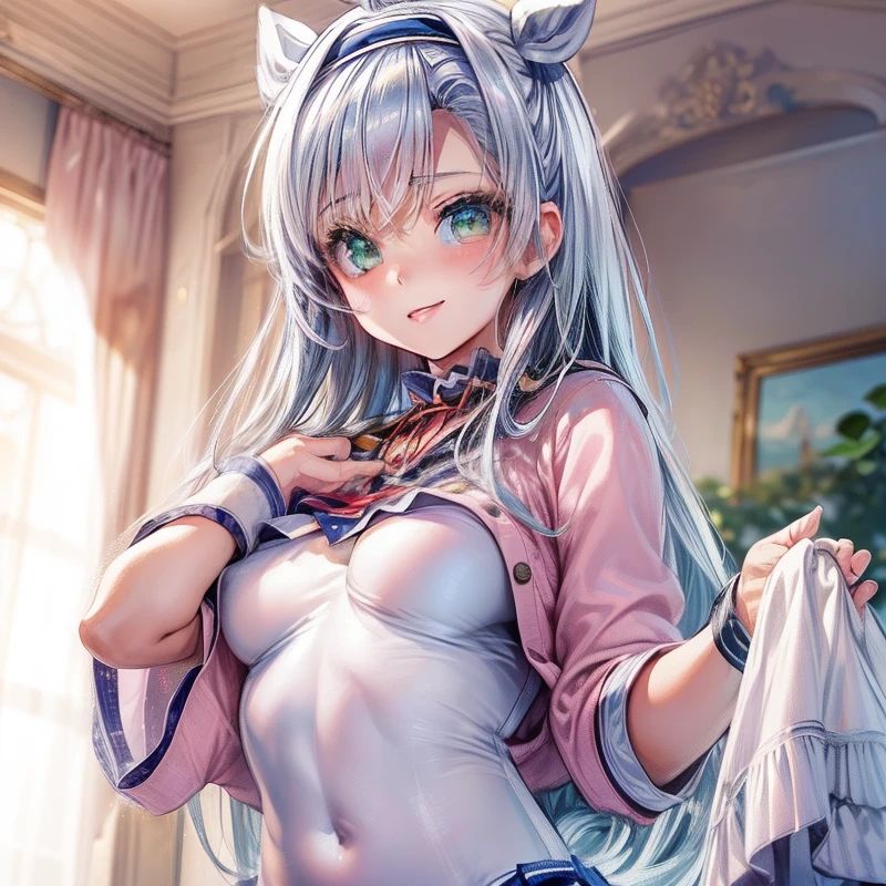 top-quality,ultra-detailliert,masterpiece,realisitic,Photo Real,Bright lighting,1 girl in, an extremely beautiful -yeld gi (kawaii:1.2),A big smile, (blue eyess),(Silvery hair),(bangss),perfect glossy skin,flawless skin,((erotick,Sexy and sexually explicit)),((accurate hands without incongruity)), large full breasts,big breasts thin waist, Look at viewers,((Light pink sailor suit)),((Pink shirt and light cardigan)),(Red collar),(Blue Sheer Mini Pleated Skirt),