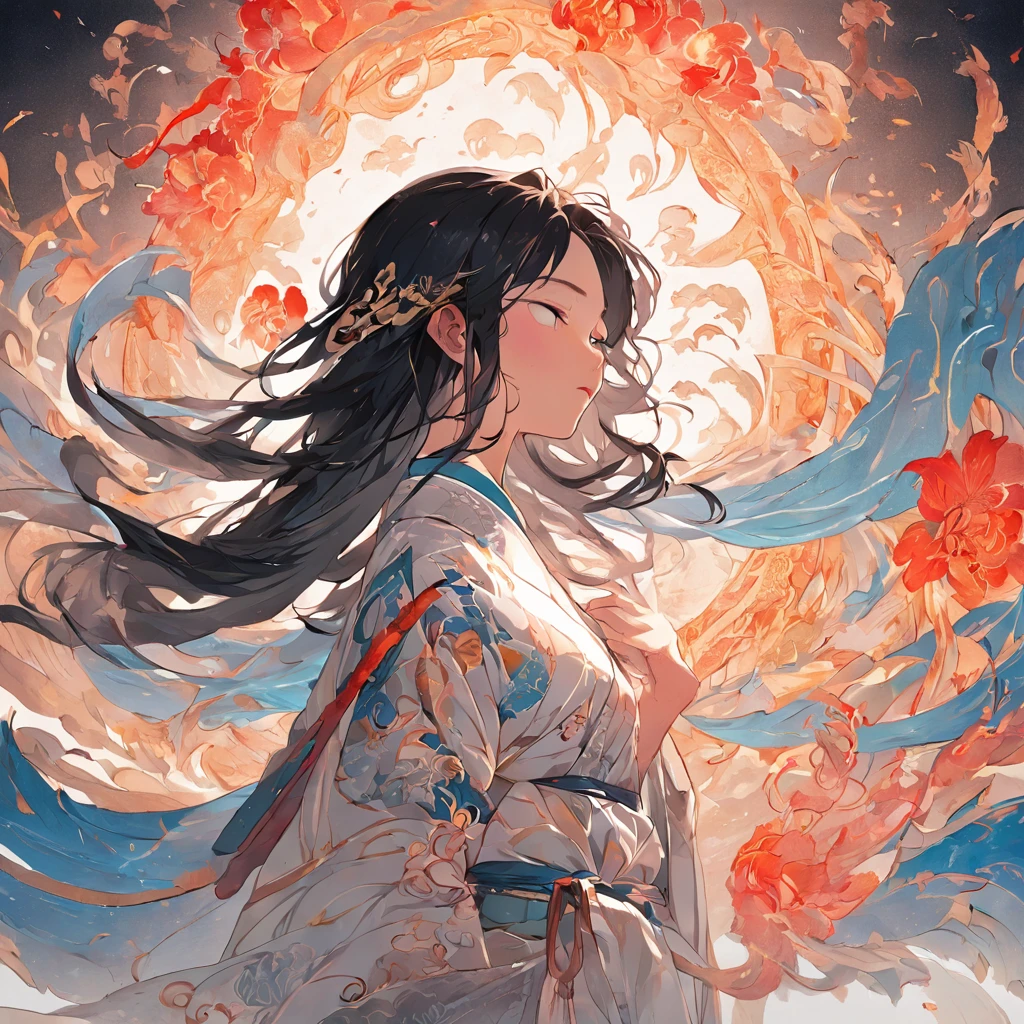 (White background:1.4),(Silhouette of the girl's whole body, Eyes closed, Long black hair, Oriental elements),(Chinese illustration:1.3,paper art:1.3, Quilted paper art:1.2),( reasonable design, Clear lines, High sharpness,Best quality, Very detailed, Masterpiece, movie light effect, 4K )