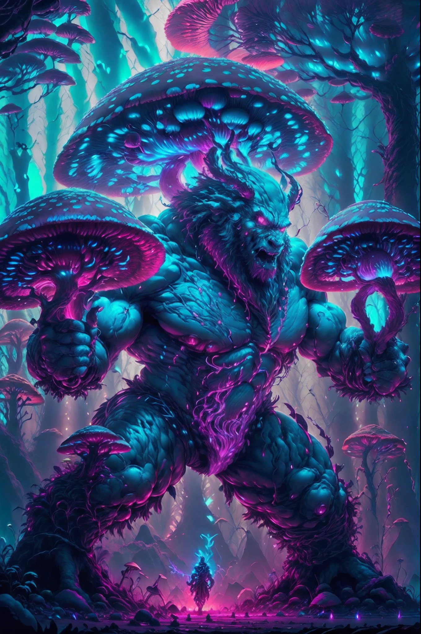 fantasy00d, , glowing light ,  neon lighting , glowing mushrooms , vibrant colors , a giant warrior is angry