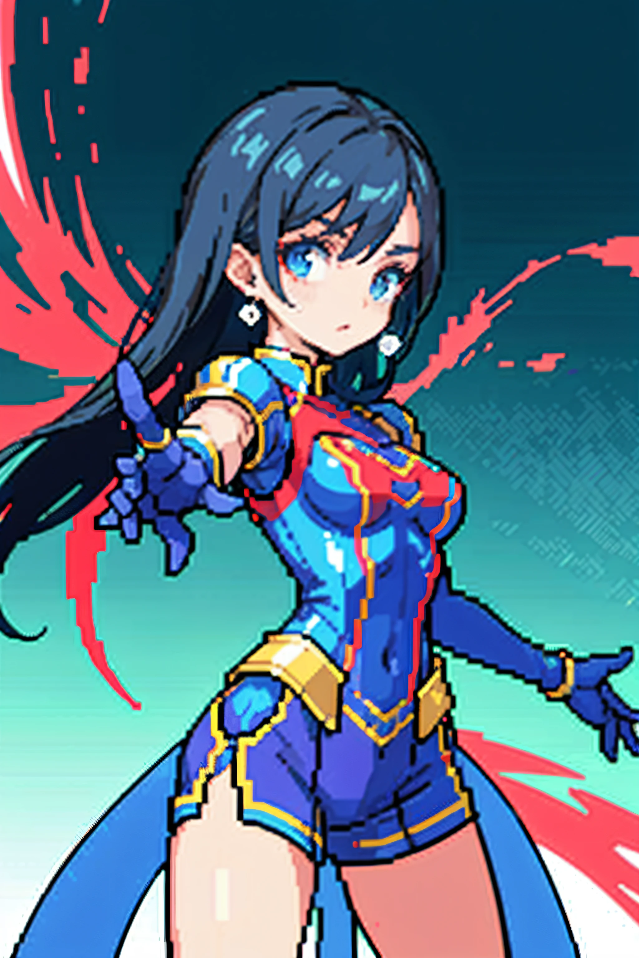(tmasterpiece,top Quority,best qualtiy),pix,pixelart,1girl,full bodyesbian,red colour,blue colors,super powers,arma,