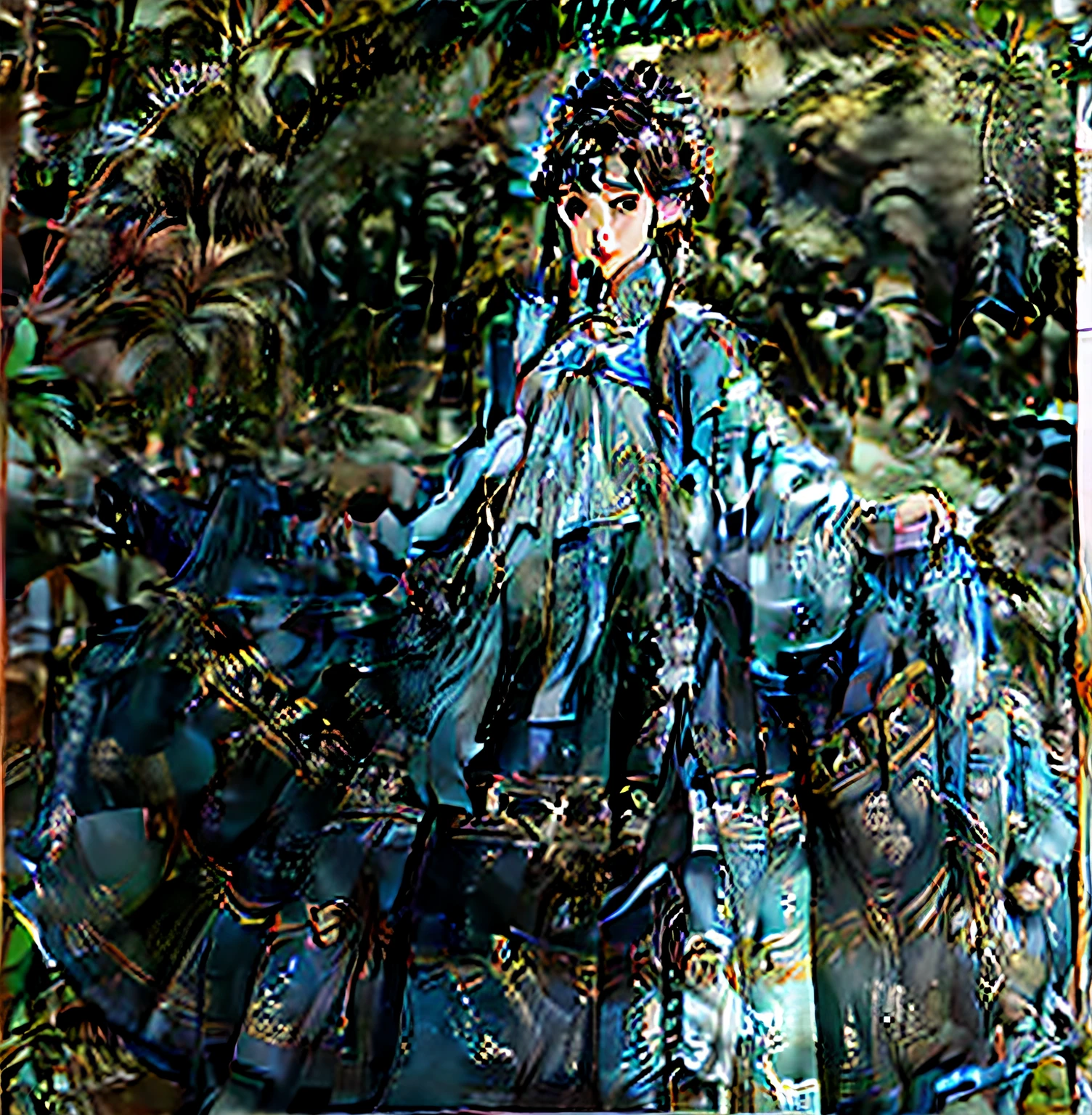 A saber palace maid dressed in a turquoise style costume