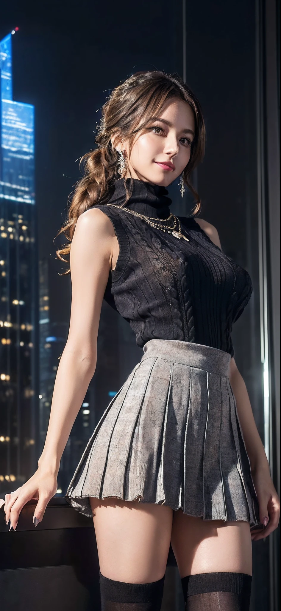 (((masterpiece:1.4, Best Quality:1.4, 8K,))), ultra high res, Physically Based Rendering, full body Portrait, ultra Beautiful Sexy Woman, perfect body:1.1, 24yo, solo, Detailed large eyes, detailed thin eyebrows, Highlights in the eyes, ((short loose wavy half-updo light brown hair:1.1, hair behind ears)), Highly detailed facial and skin texture, Crisp focus, Clear focus:1.2, Slender beauty:1.4, (((gigantic breasts:1.5))), breasts exposed, Slim abs, oval-face, Lip gloss, Clear facial features, ((smile:1.2)), (((black knit sweater, sleeveless:1.2 cropped length:1.2, no arm cover plaid pleated miniskirt:1.3))), long beauty legs, ((transparent black knee high socks:1.4)), full body shot, ((from below:1.8)), ((not wearing panties:1.3)), ((((detailed beautiful pussy exposed:1.4, open pussy:1.2, pubic hair:1.3, SEX, cum in pussy:1.3)))), ((fascinating way to walking with spreading legs wide)), warped waist, arched back:1.3, looking at viewer, ((night view of skyscrapers:1.4)), rooftop of a skyscraper at night, warm lighting,