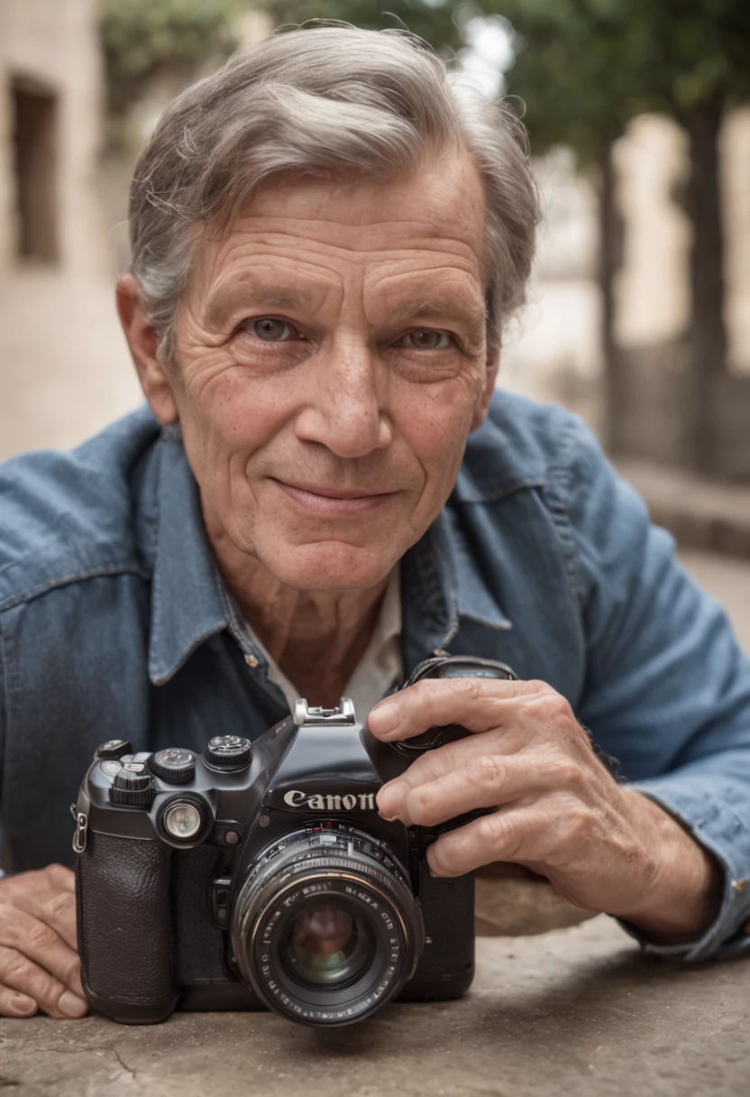 Uma fotografia realista vintage granulada de baixa qualidade nos anos 60, um homem bonito sorrindo, sentado em um banco