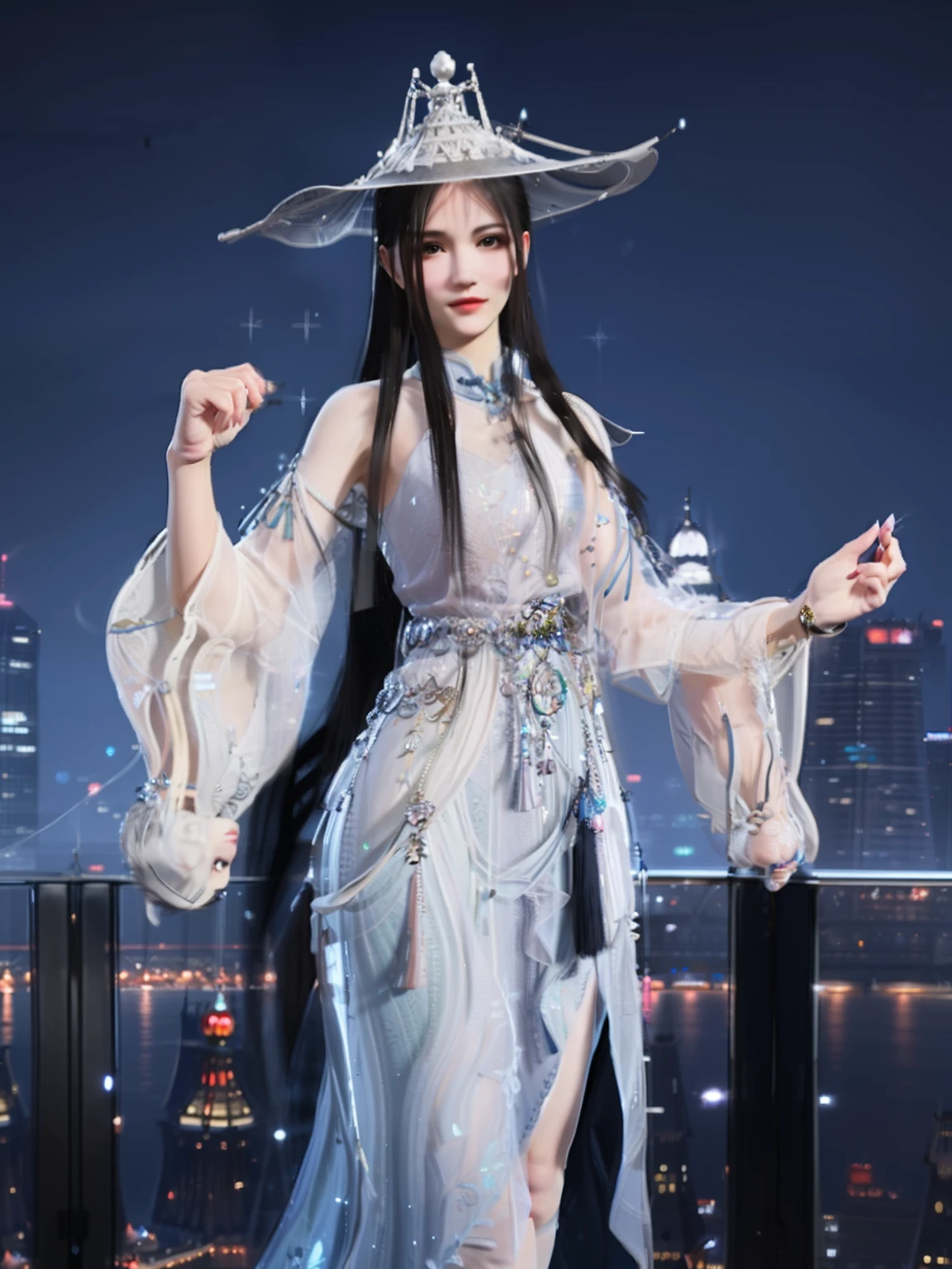 1girll,Mature female, Hat,dress,See-through, Cityscape, Night, view the viewer, light yarn,hair adornments, Chinese clothes, jewelry, Trim,