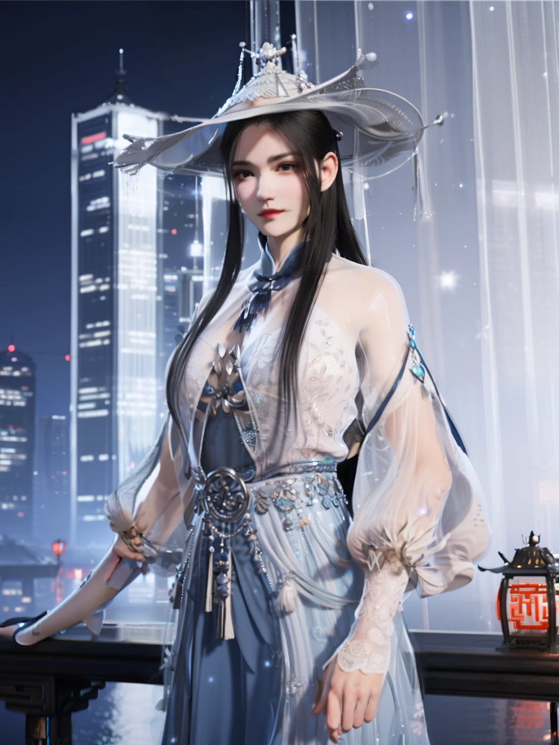 1girll,Mature female, Hat,dress,See-through, Cityscape, Night, view the viewer, light yarn,hair adornments, Chinese clothes, jewelry, Trim,