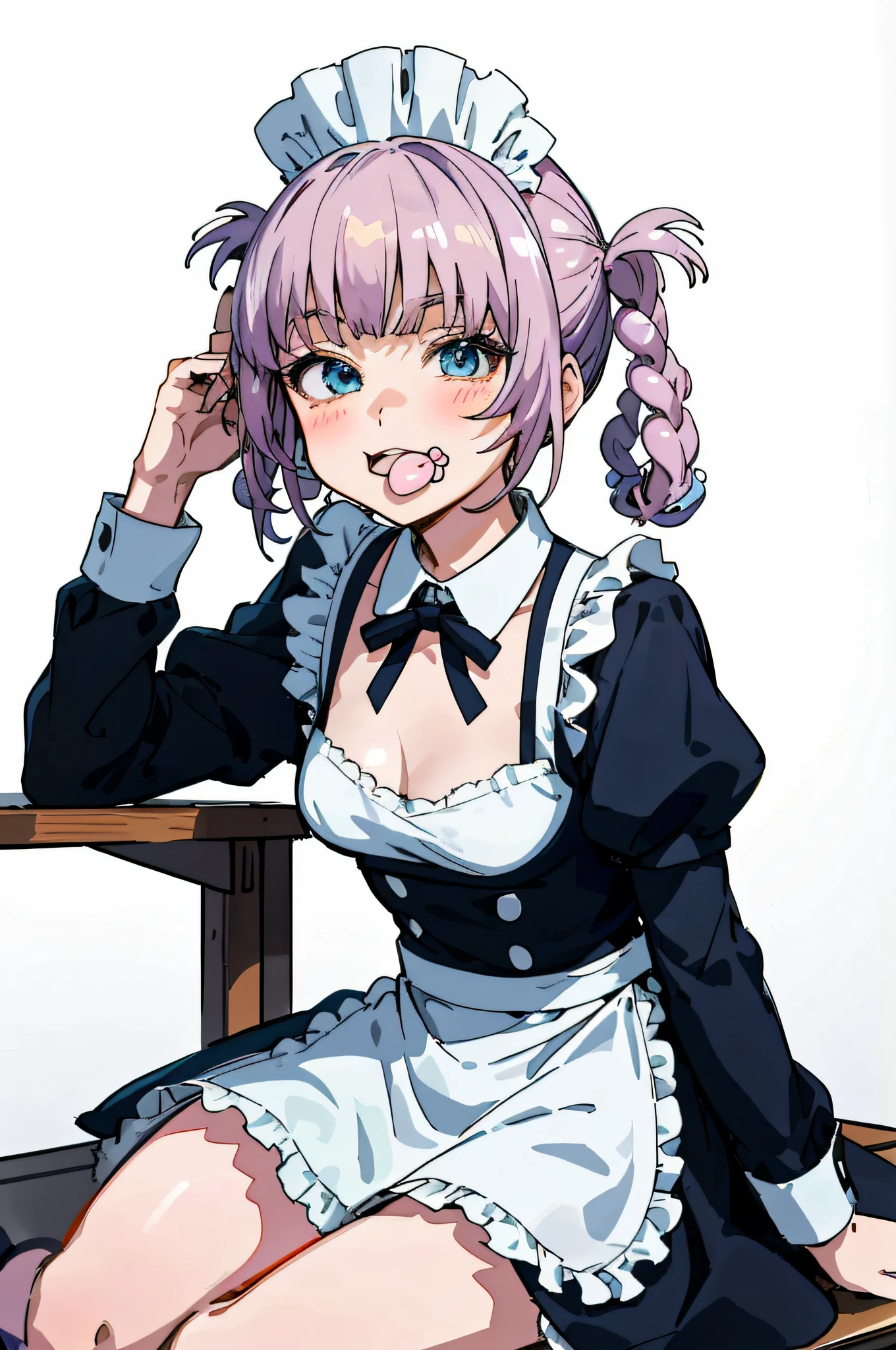 Anime girl sitting on table in hat, anime girl in a maid costume, anime cat girl in a maid costume, anime visual of a cute girl, Anime moe art style, Maid outfit, lollipop, anime girl named lucy, Splash art anime Loli, Anime figure, gorgeous maid, female anime character, An anime girl, loli in dress