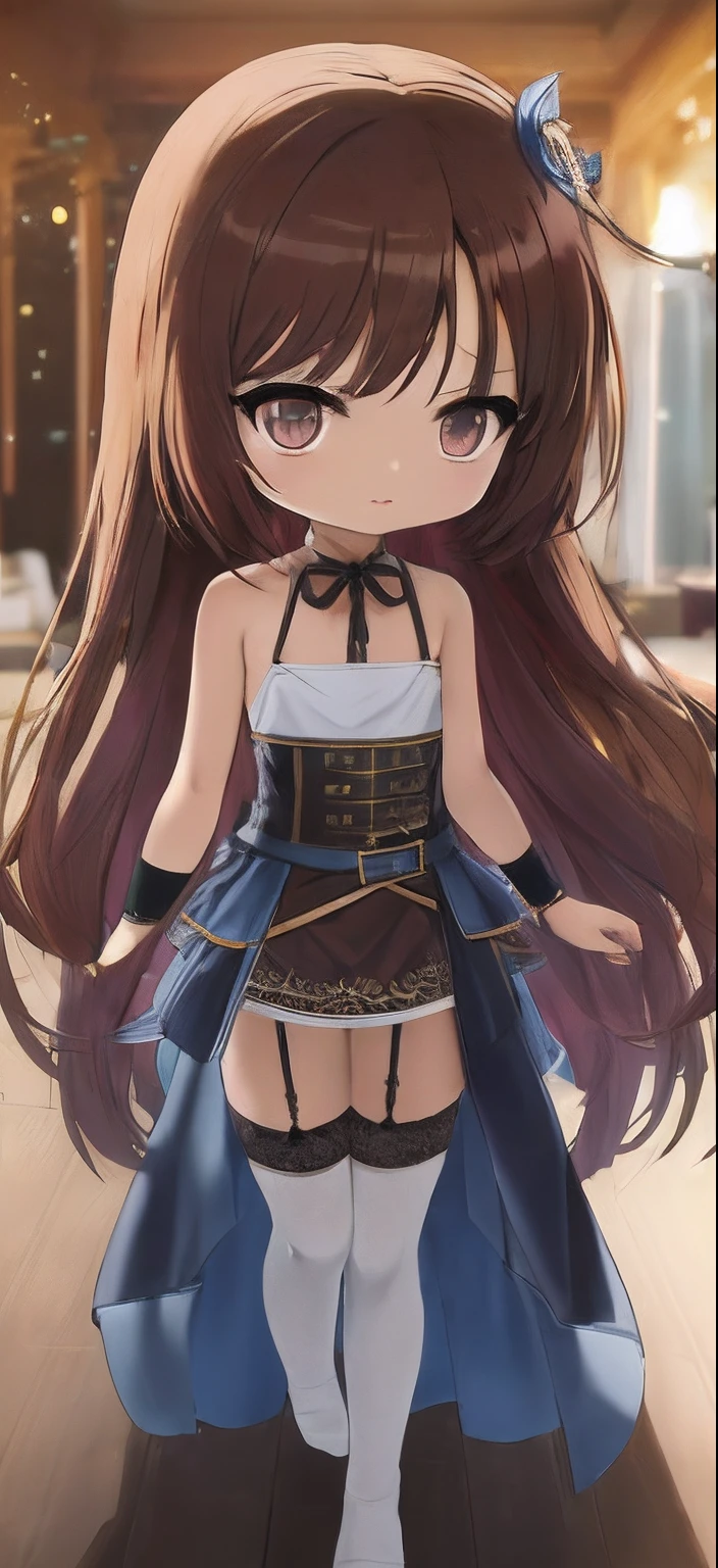 (Chibi:1.4),Ray tracing, Vibrant colors, Chibi Girl, masutepiece, Sharp Focus, Best Quality, depth of fields, Cinematic lighting, detailed costume, Perfect eyes, Plenty of detail and texture, Brown hair, Brown eyes, ((Blue Dress)),Sleeveless dress,((Exposed Cartesian)),((Exposed neck)), Bare neck,Bare shoulder,Arms Exposed,Bare arms,cleavage,Indoors, ((Small chest)), Long hair, ((Standing)), thighs thighs thighs thighs, light Particle, Luxury bed, ((tiny chest)), ((tiny chest)), (((Black garter belt))), darkness, Pink lip,