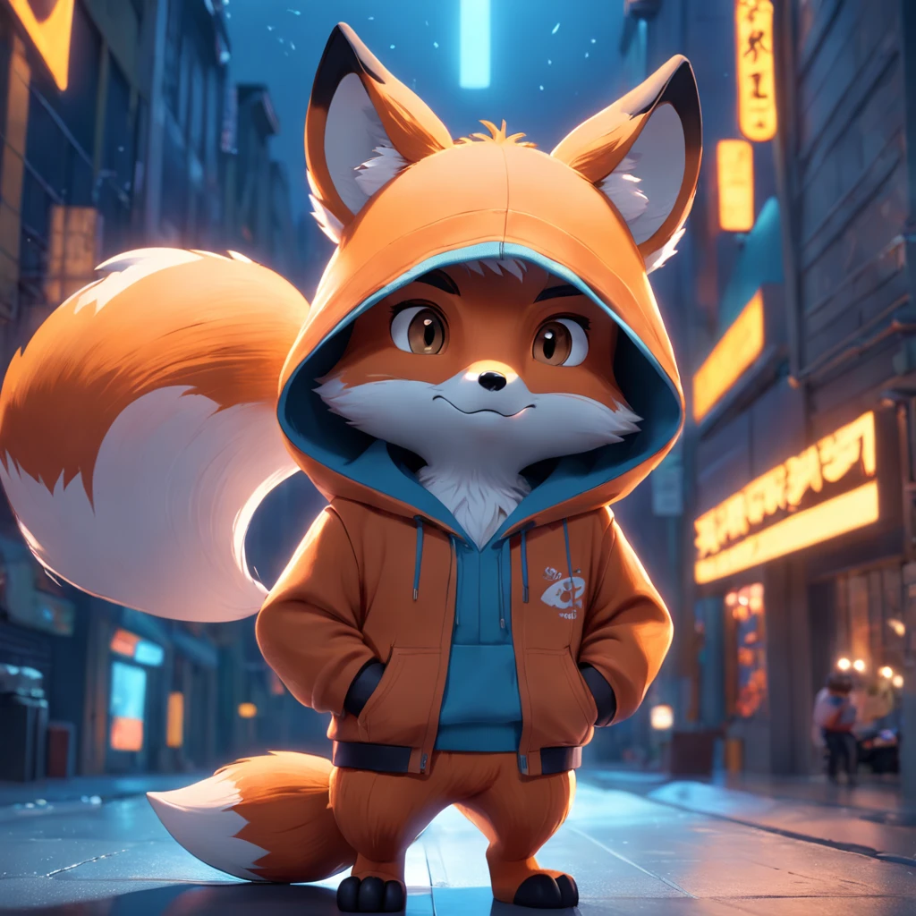 Cute fox in Pixar movie style wearing hoodie , illuminating, Cinematic lighting, 。.3D, borrowed, ultra - detailed, 8K