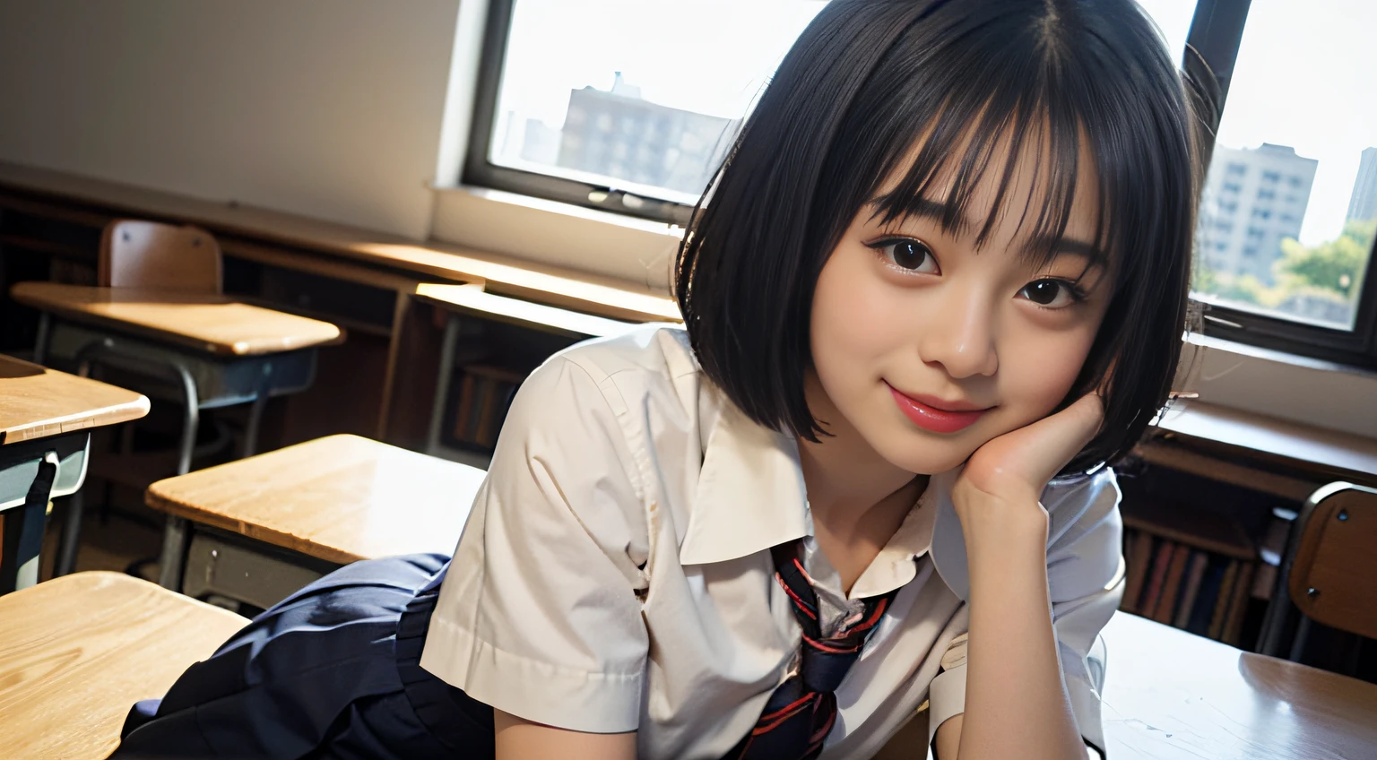 ((top-quality、​masterpiece))、Raw photography、8K、top-quality、 超A high resolution、Beautiful face in every detail、Realistic human skin、Gentle expression、front-facing view、Farbe々From an angle、realisitic、Photorealsitic、cute little、a short skirt、((2 cute school girls))、Japan schoolgirl wearing uniform、Surreal High School Girl、(wrist watch)、in the classroom、window、(smile),((large breasts)),((panty)),((bob cut)),(looking at camera),