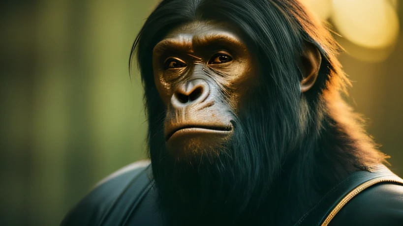 Planet of the Apes（（top Quority，8K，tmasterpiece：1.3）），Gorilla Warrior（golden jewelery），perspired，Water droplets on the forehead of the face，exteriors，background urban cityscape，Overhead，Sharp focus：1.2，cute animal：1.4，（（Layered Hair Style）），（Planet of the Apes 1），very detailed face and skin and hair texture，Knotted brunette hair，Moist textured hair，Moist body，Detailed eyes， 二重まぶた，White skin of the，Beautiful legs， beautiful delicate nose，warriors，dynamic angle，Deleite para la vista，Compositional suggestiveness，while emphasizing the subject's hair，The eye，Mouth and movements，At the same time, It exudes melancholic emotions，It is characterized by a mixture of calm tones and contrasts of light and shadow，gorillaz，Gold-tone sunglasses，Jewelry diamond frame yellow gold sunglasses，Gorilla warrior wearing jewelry diamond frame gold sunglasses